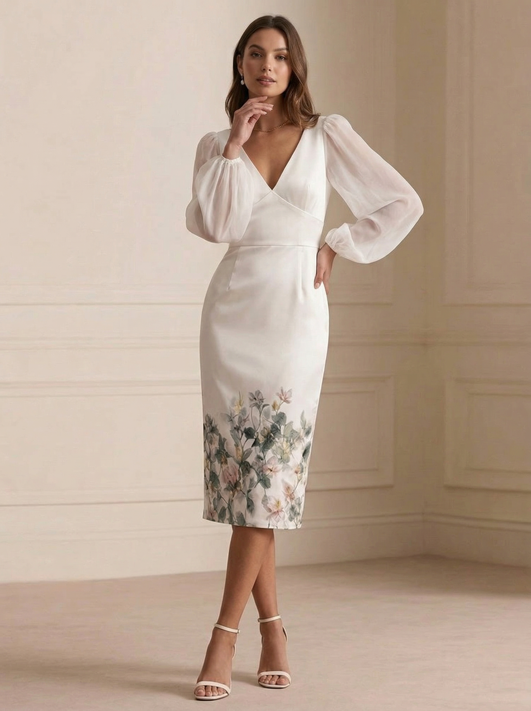 Women's Mesh Spliced ​​v-neck Digital Print Maxi Dress