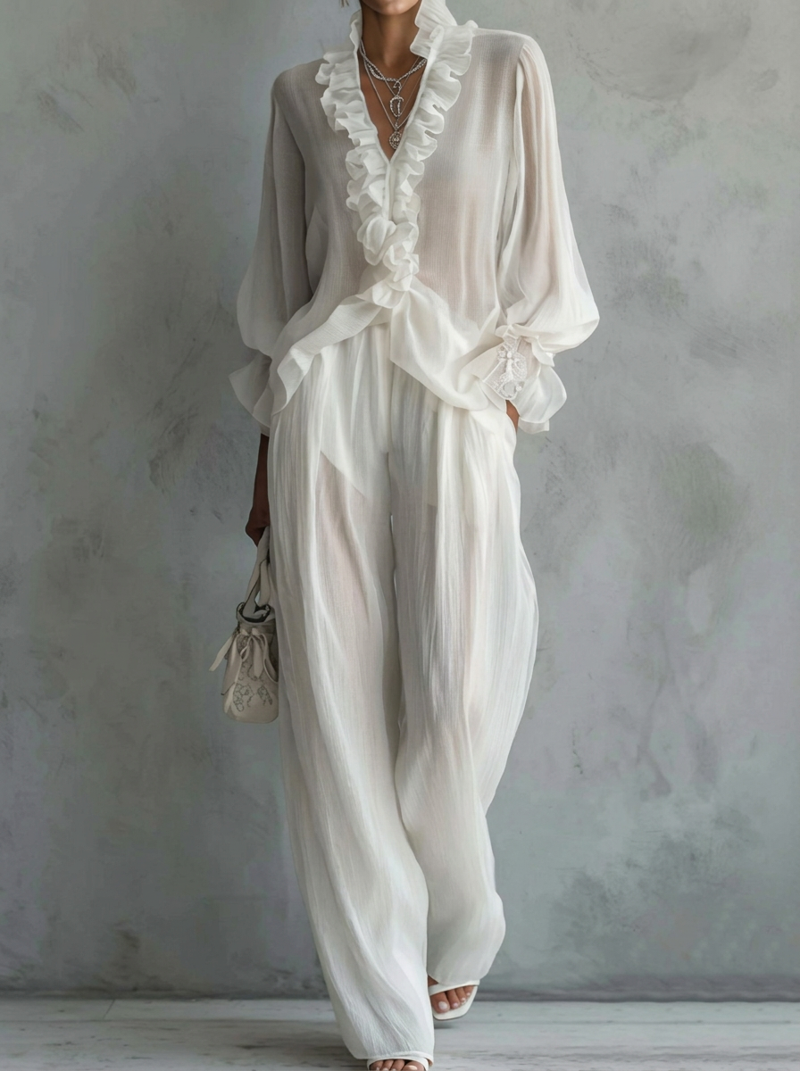 Elegant Lace Long-sleeved Shirt And Wide-leg Pants Set