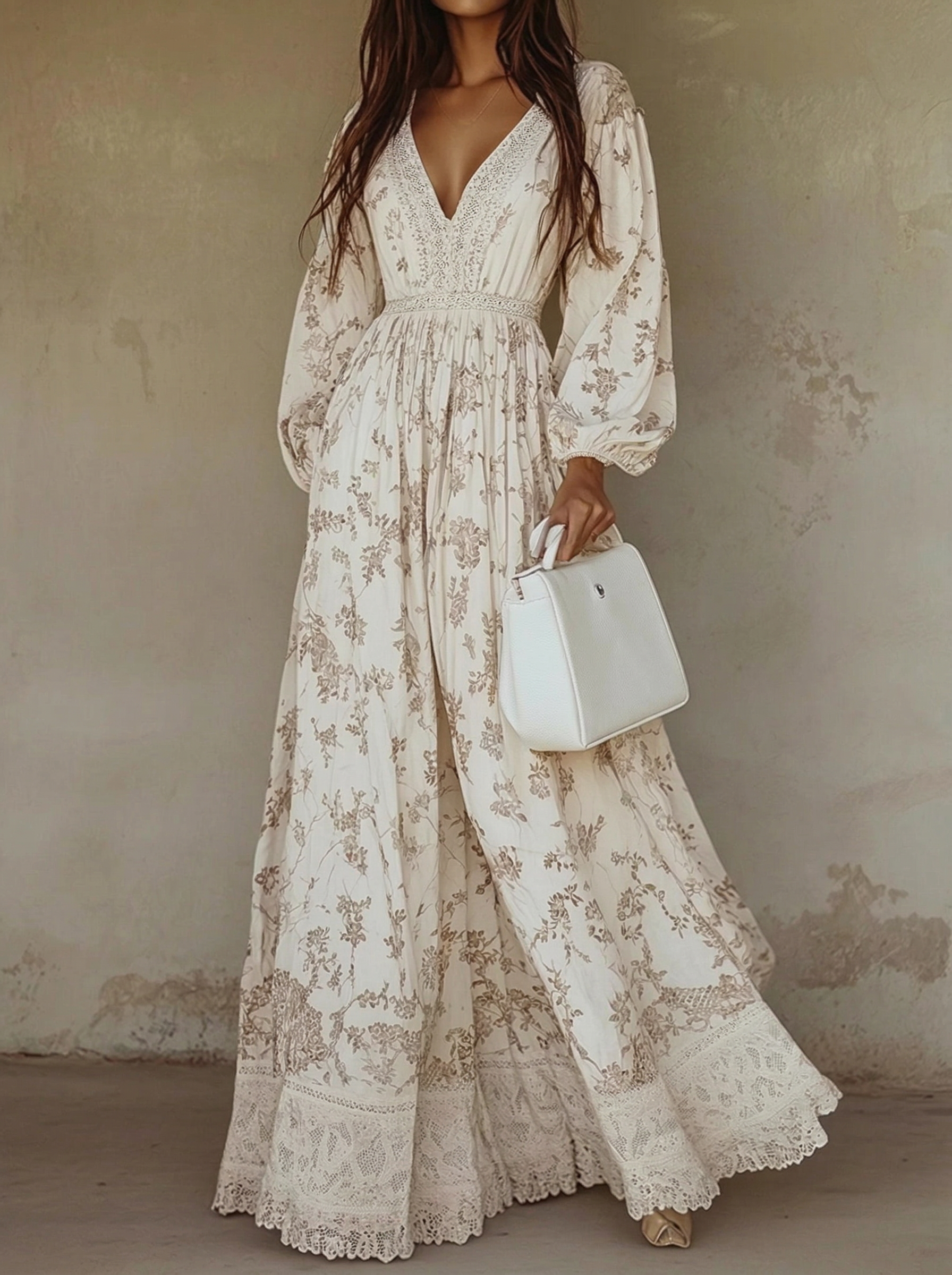 Women's Long Sleeve Printed Lace Maxi Dress