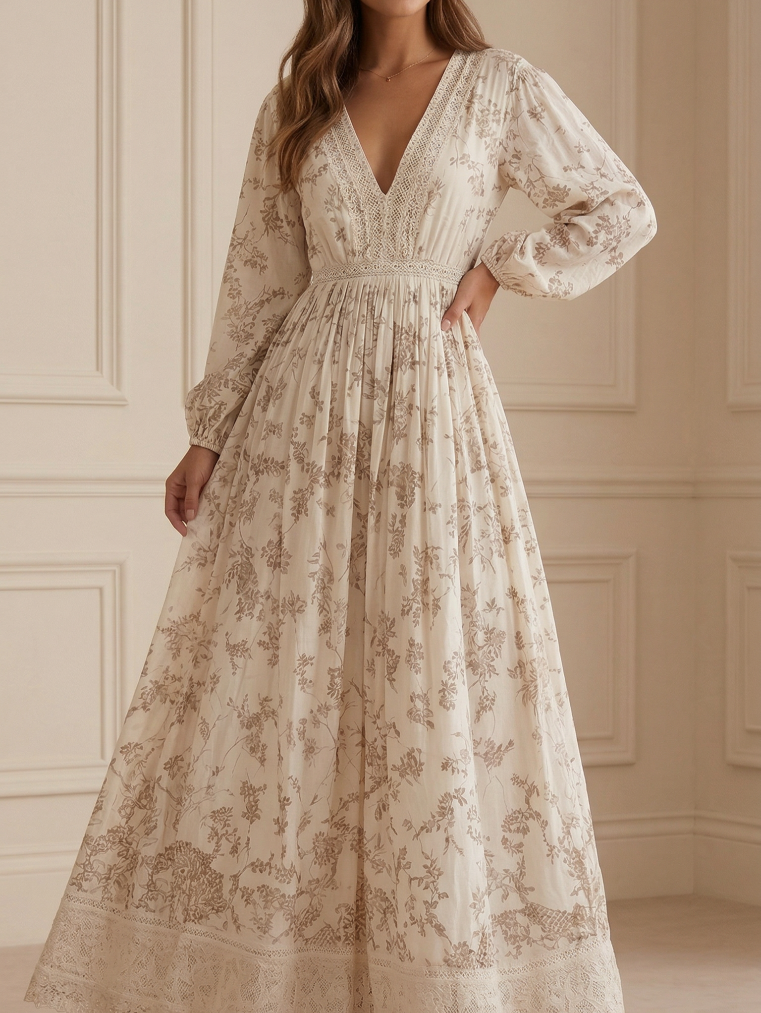 Women's Long Sleeve Printed Lace Maxi Dress
