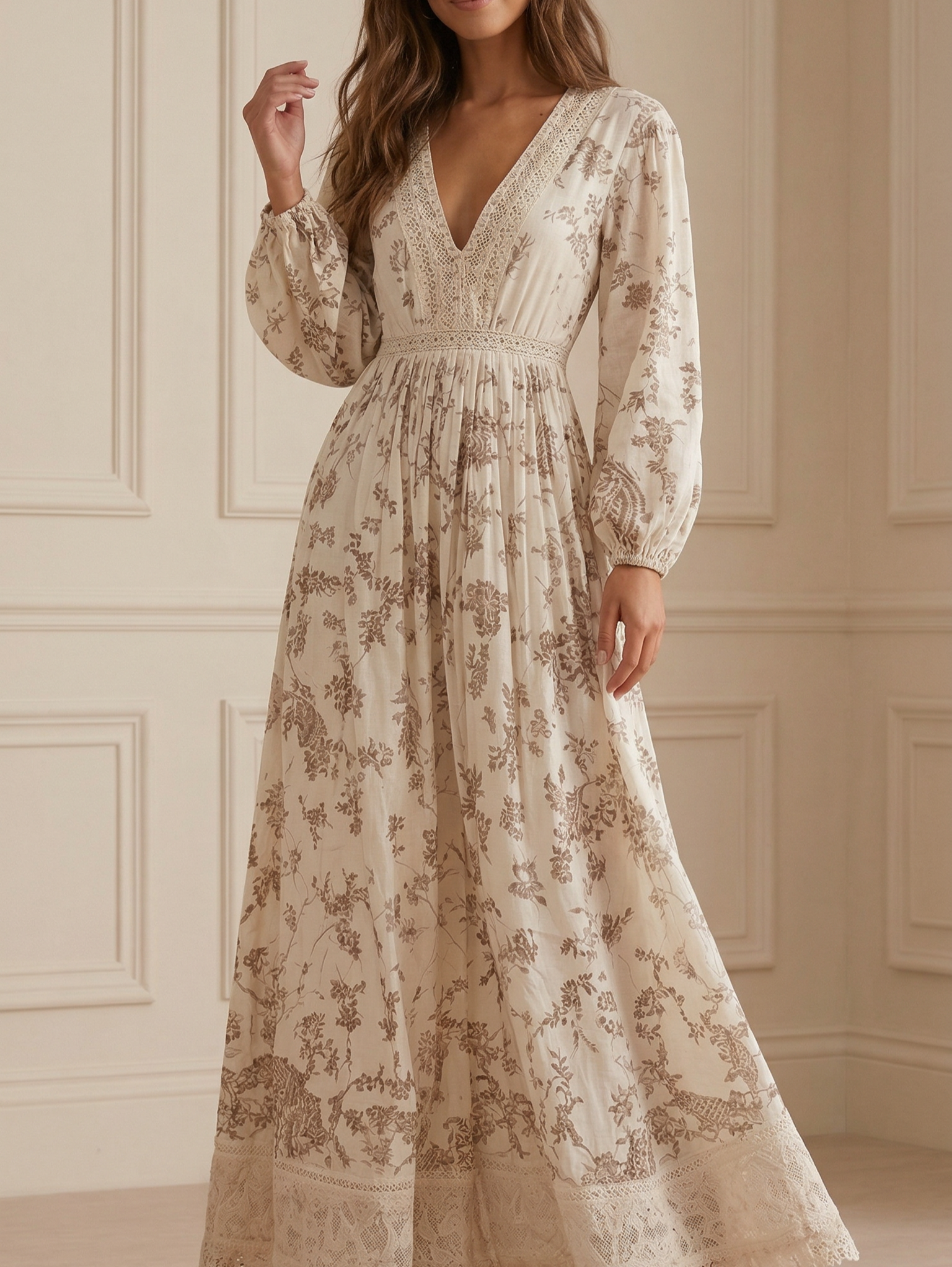 Women's Long Sleeve Printed Lace Maxi Dress