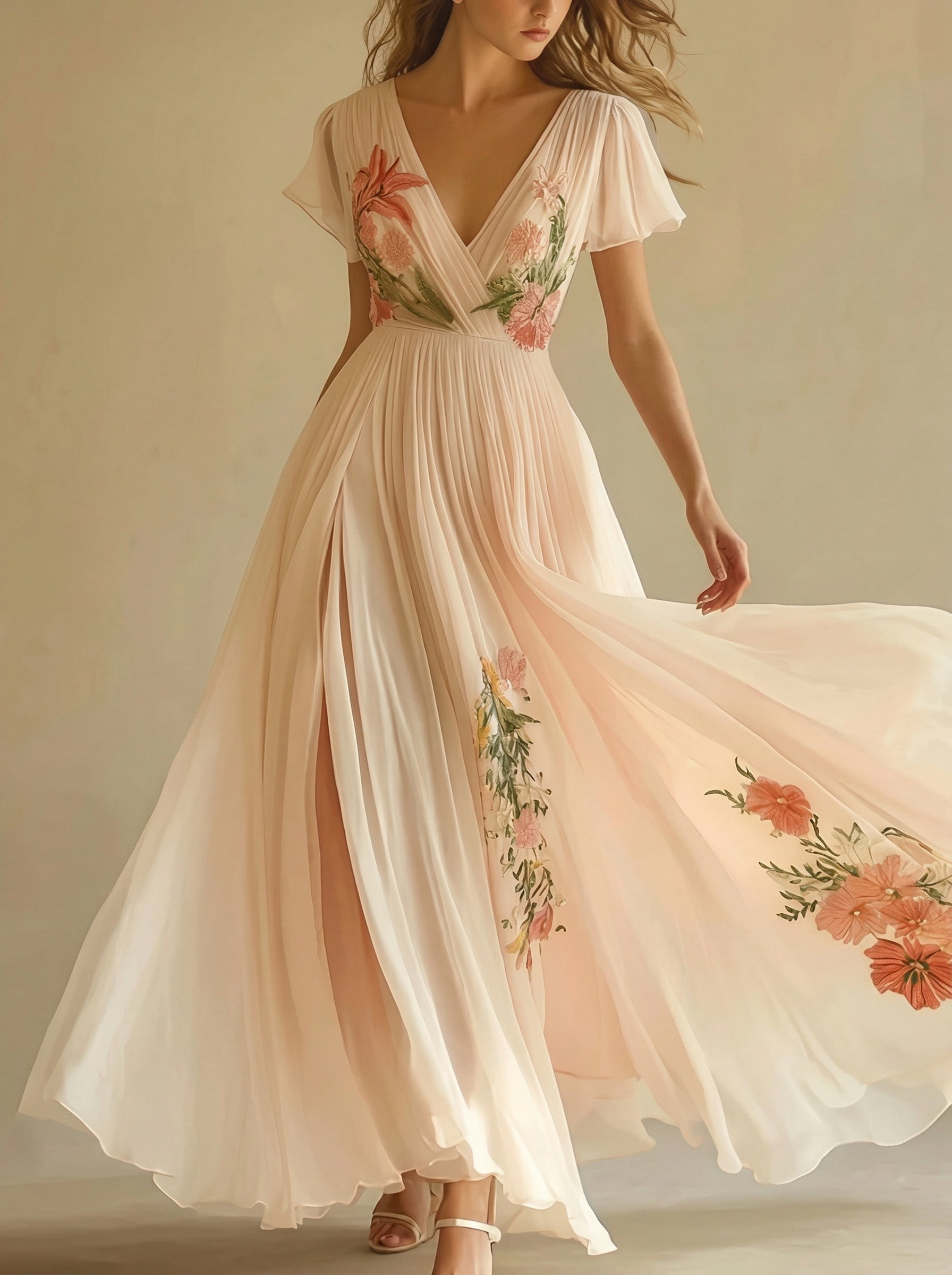 Women's Elegant Printed Pleated Short Sleeve Dress