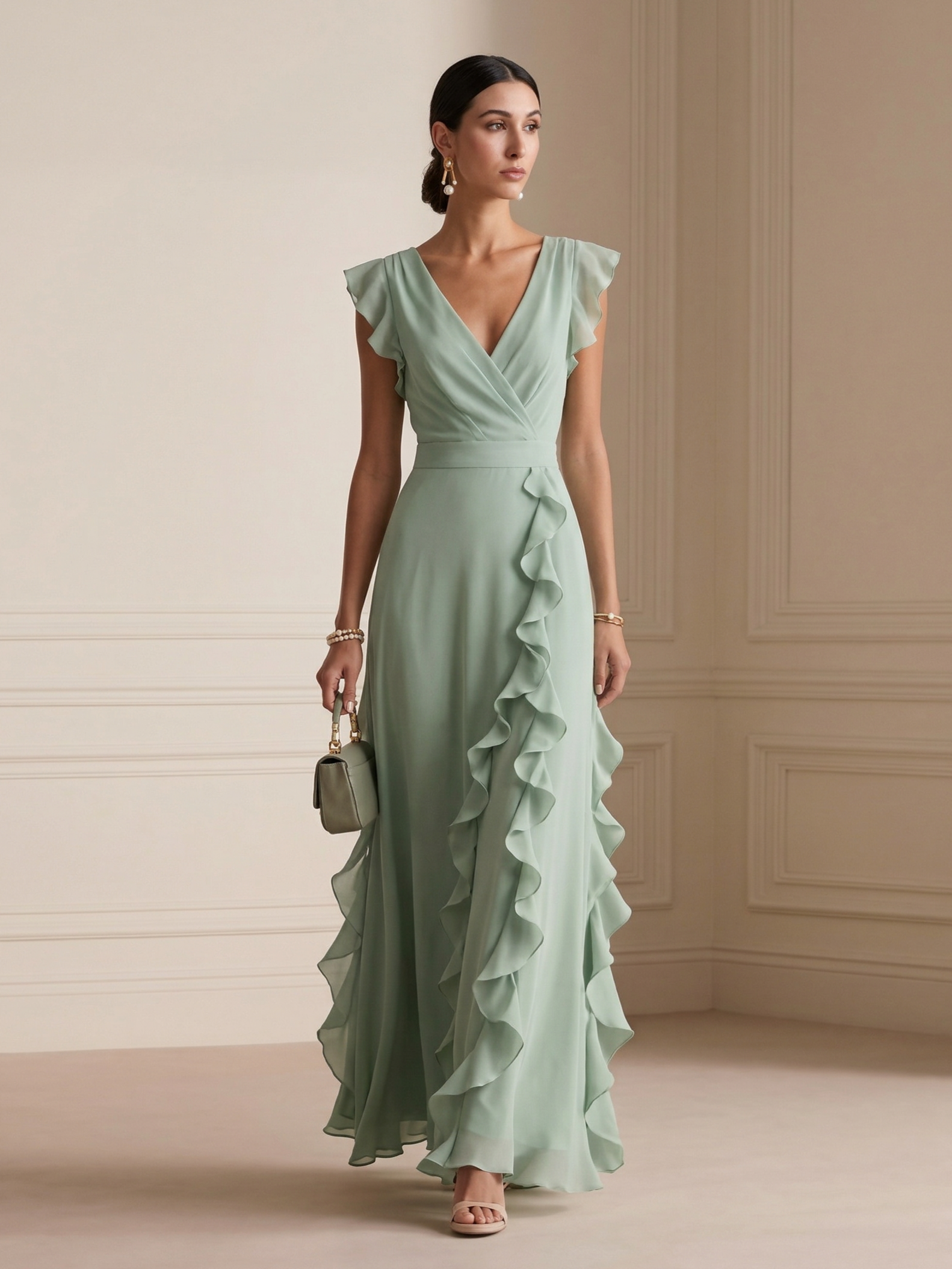 Solid Color Pleated Ruffles V-neck Maxi Dress