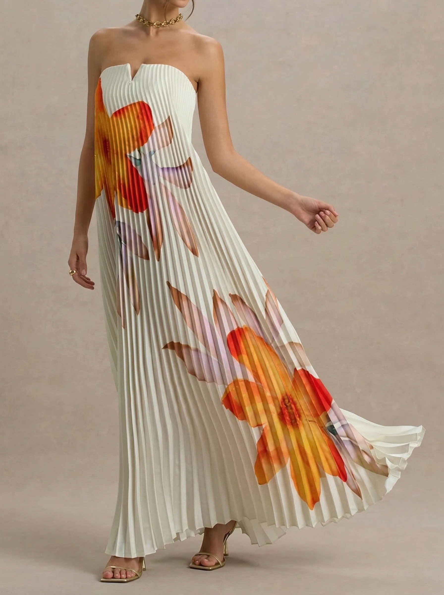 Elegant Printed Bandeau Loose Pleated Dress