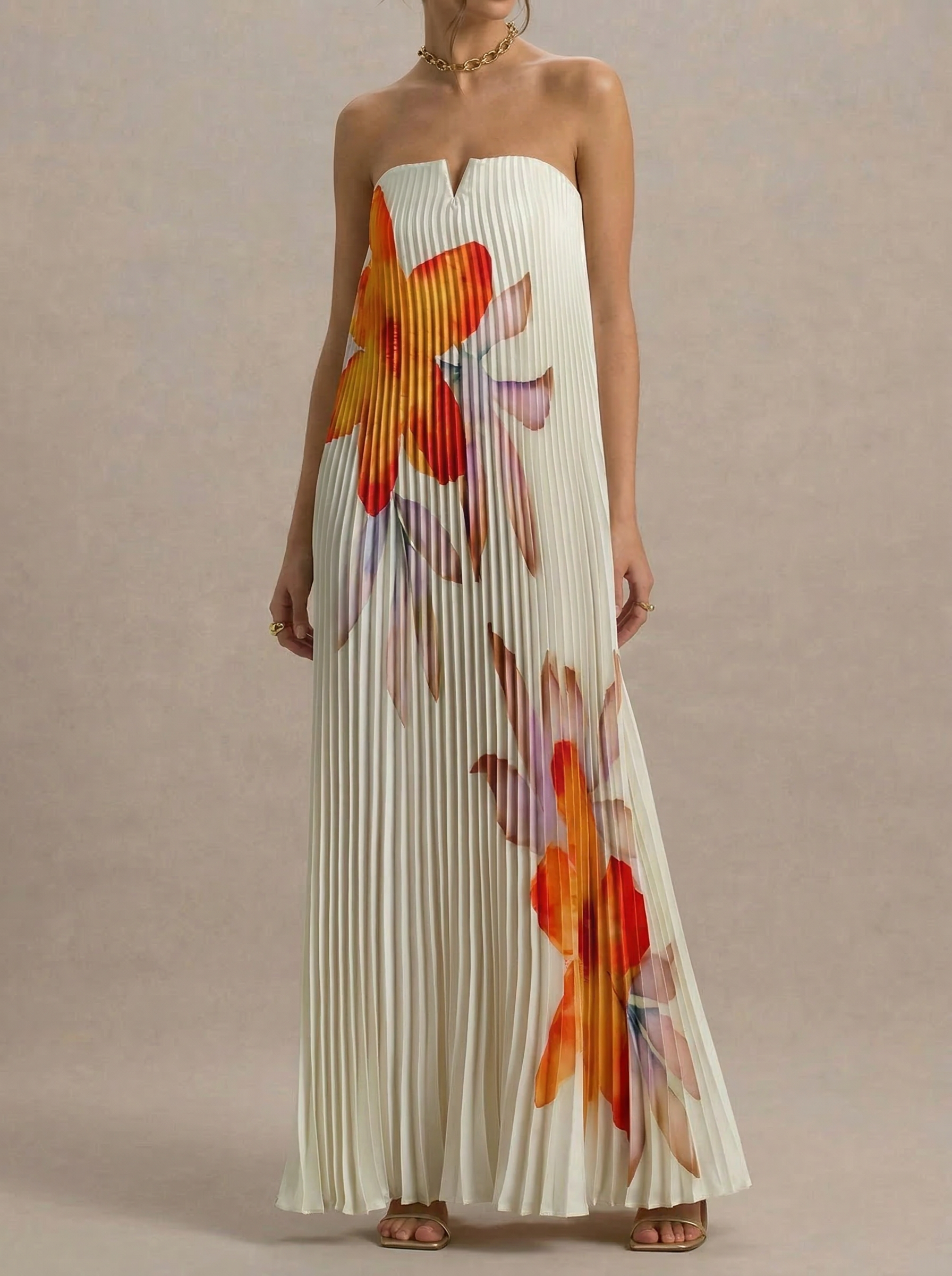 Elegant Printed Bandeau Loose Pleated Dress