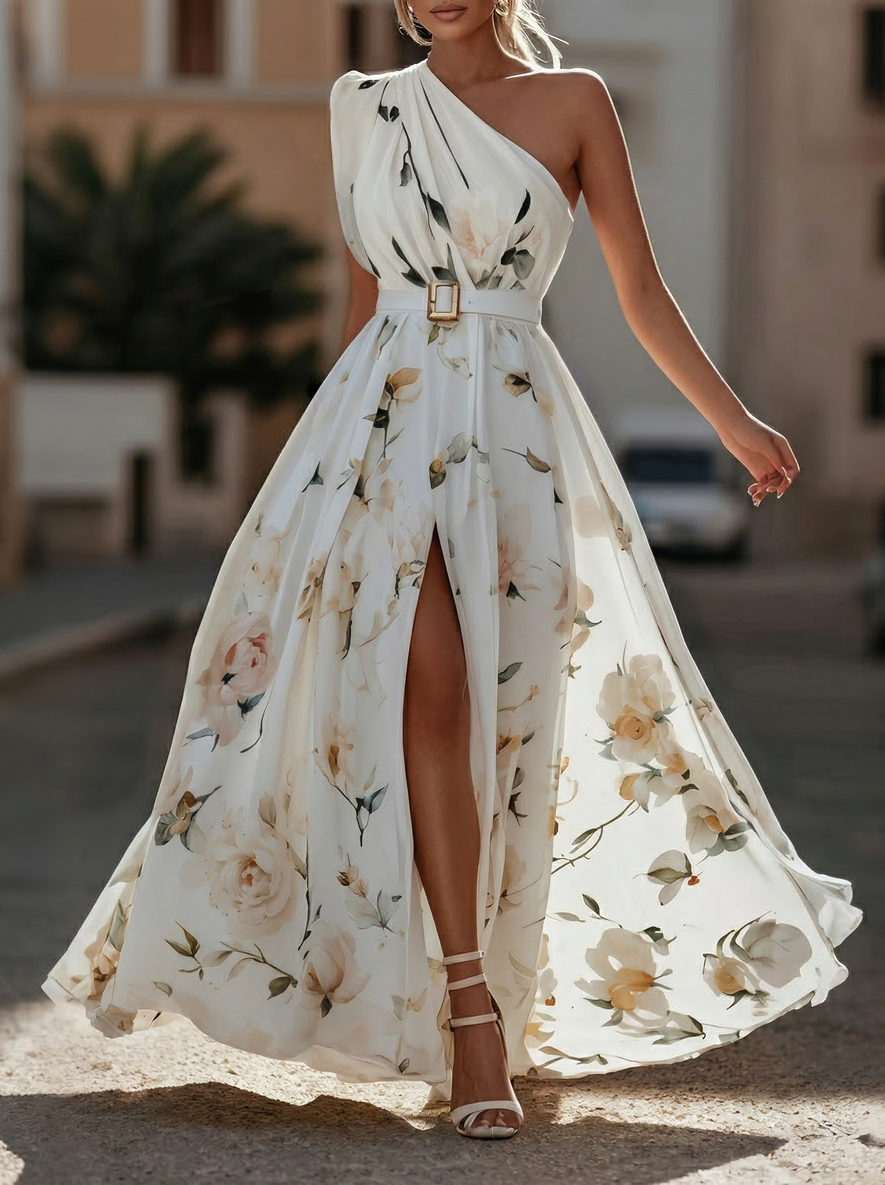 Elegant One Shoulder Slit Floral Chiffon Maxi Dress