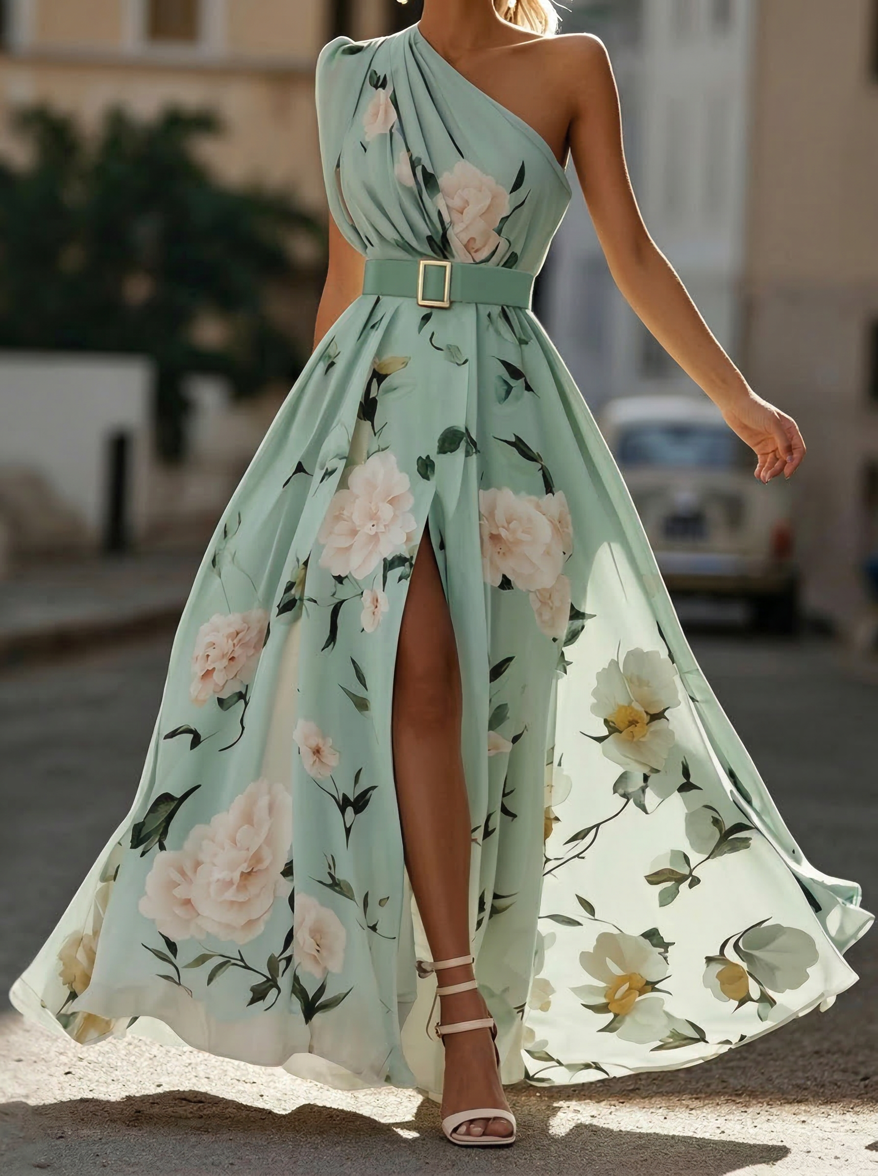 Elegant One Shoulder Slit Floral Chiffon Maxi Dress