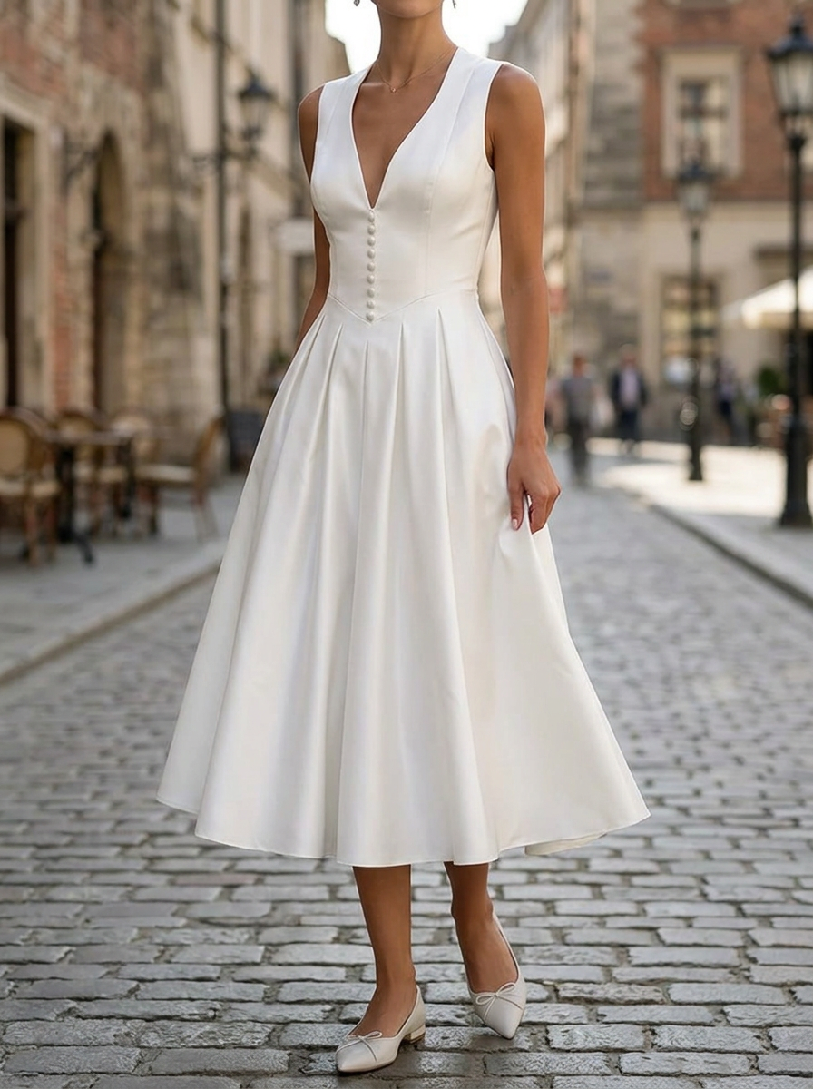 Elegant White Satin V Neck Maxi Dress