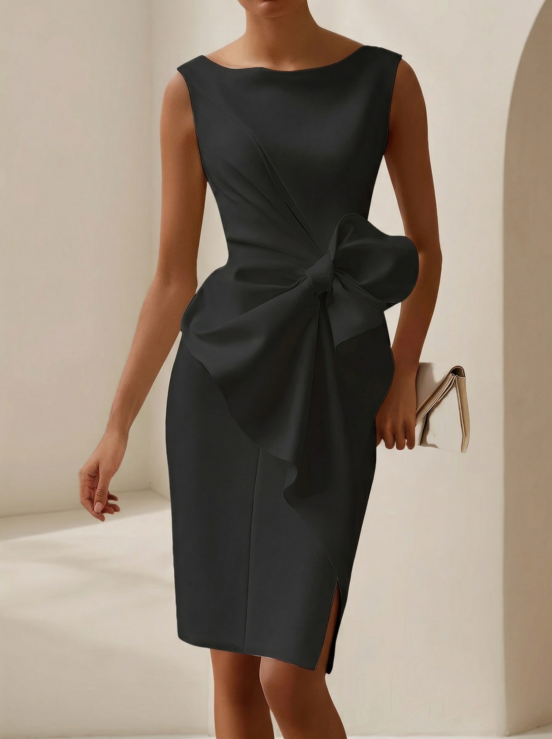 Women's Fashion Bow Sleeveless Solid Color Midi Dress