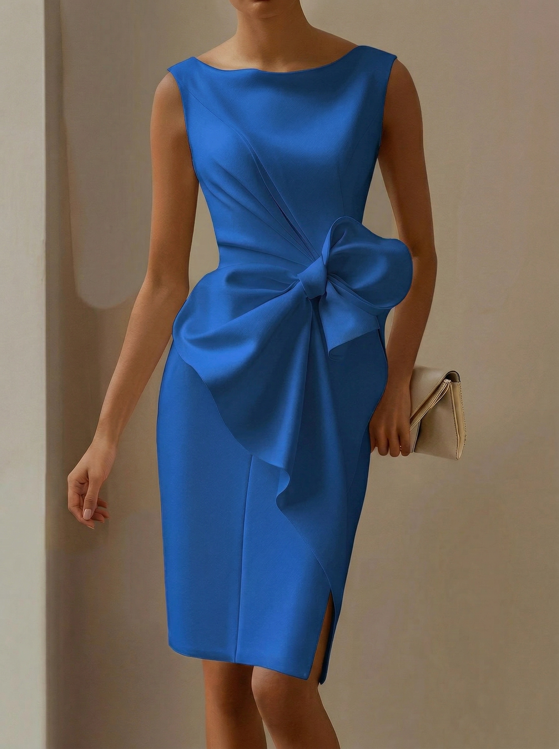 Women's Fashion Bow Sleeveless Solid Color Midi Dress
