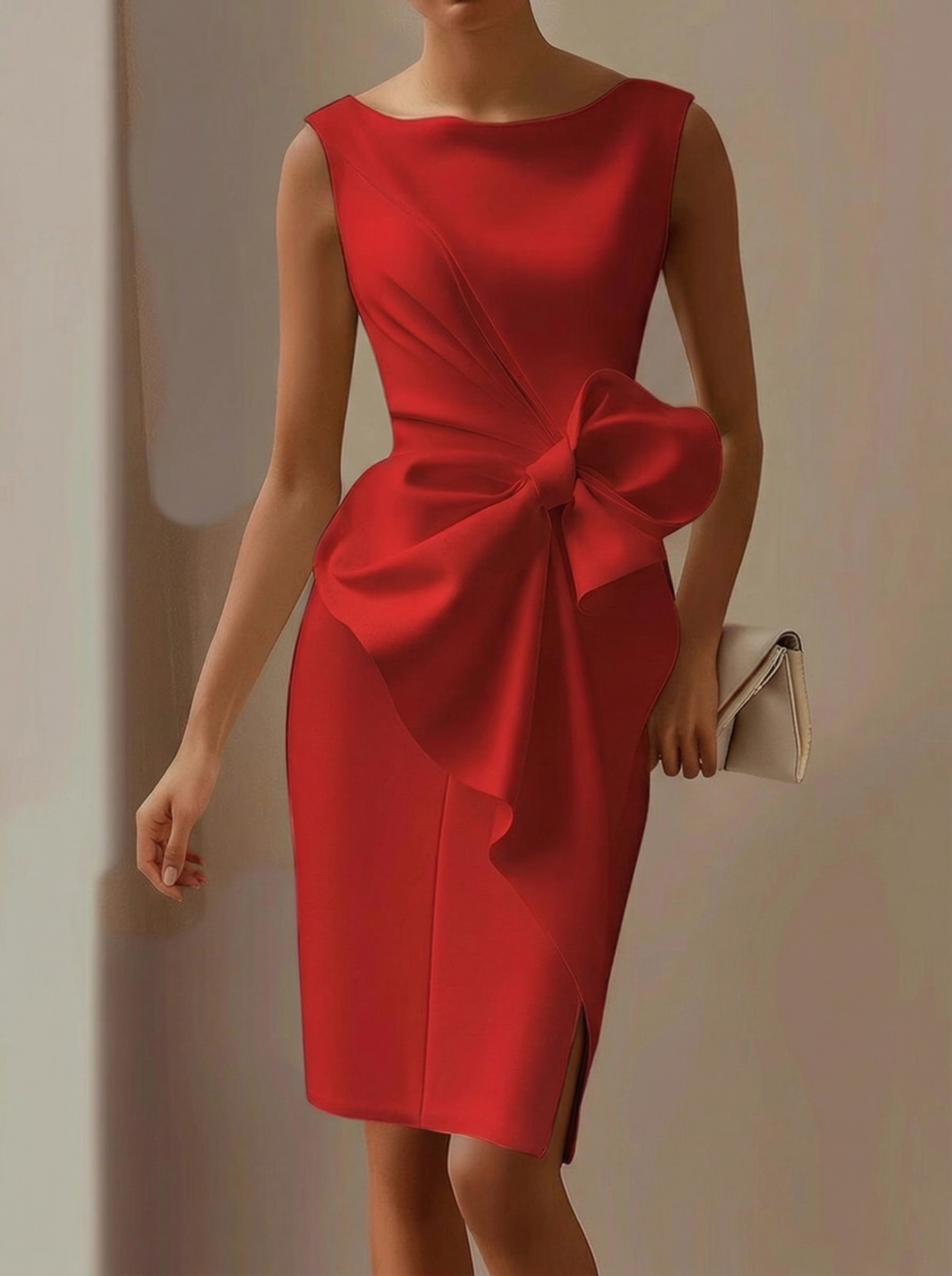 Women's Fashion Bow Sleeveless Solid Color Midi Dress