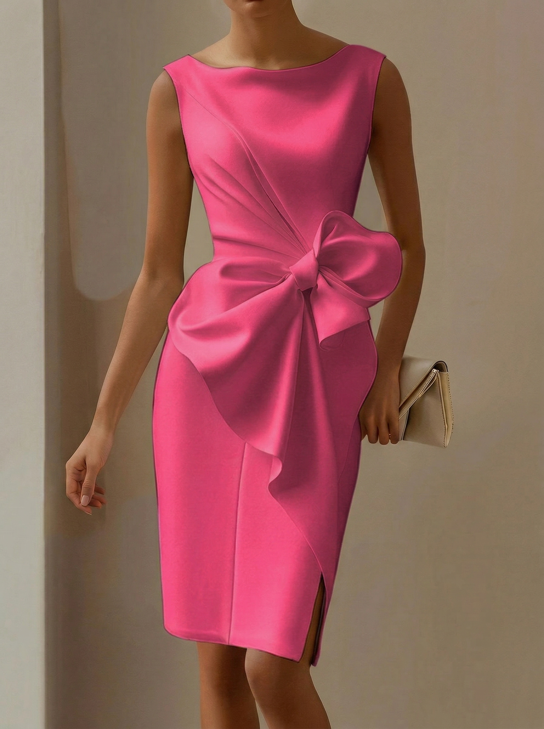 Women's Fashion Bow Sleeveless Solid Color Midi Dress