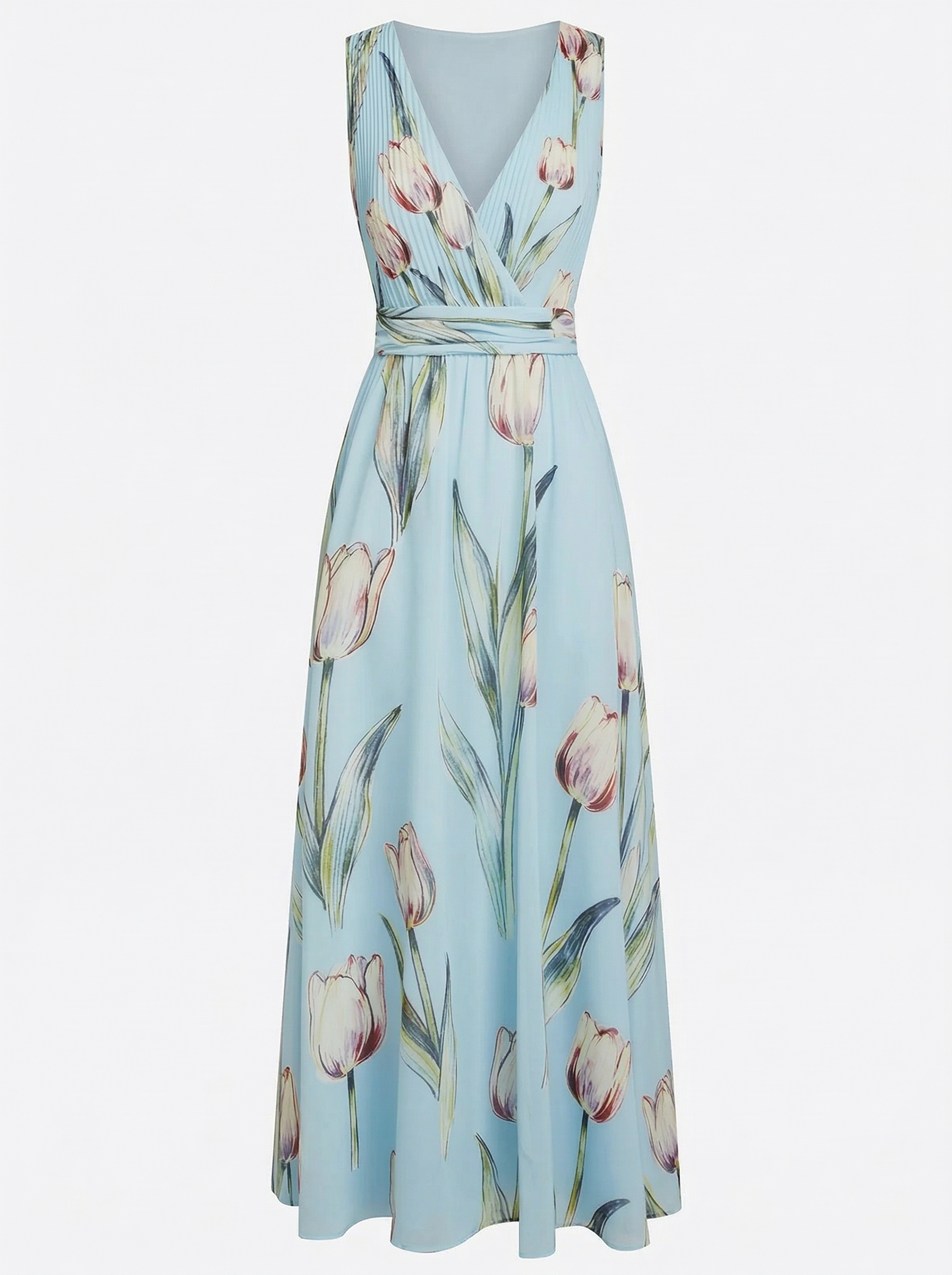 Tulip Print Sleeveless V-neck Maxi Dress