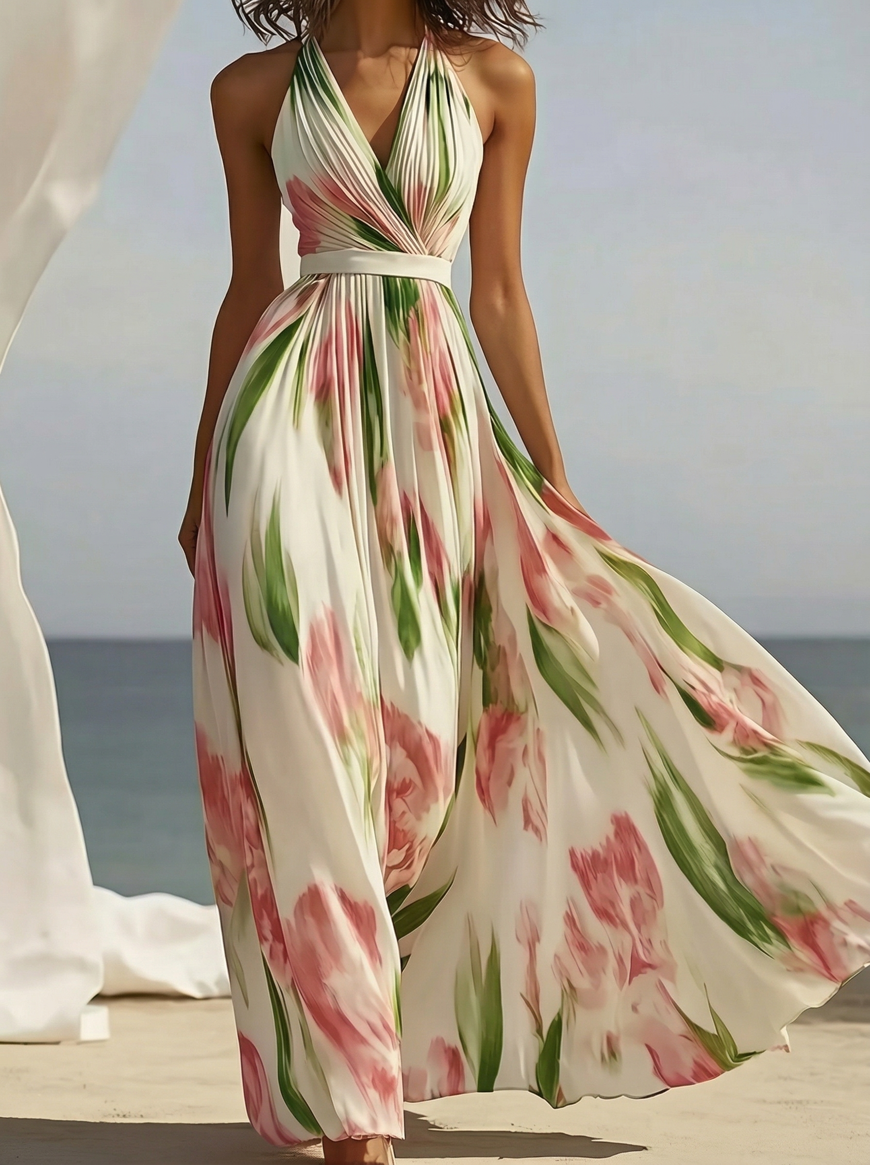 Resort Style V-neck Printed Suspender Maxi Dress