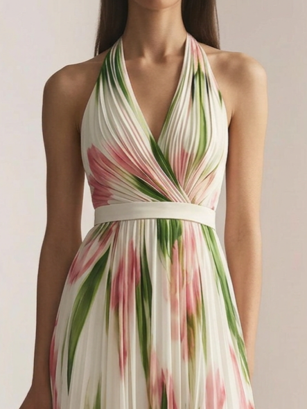 Resort Style V-neck Printed Suspender Maxi Dress