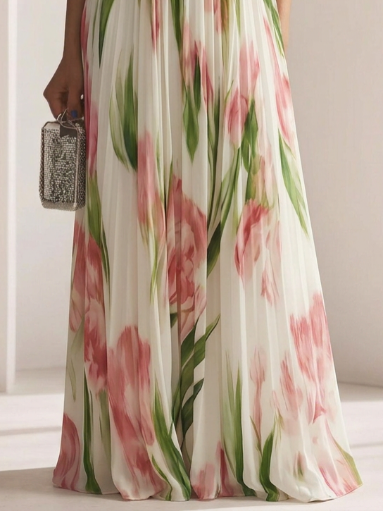 Resort Style V-neck Printed Suspender Maxi Dress