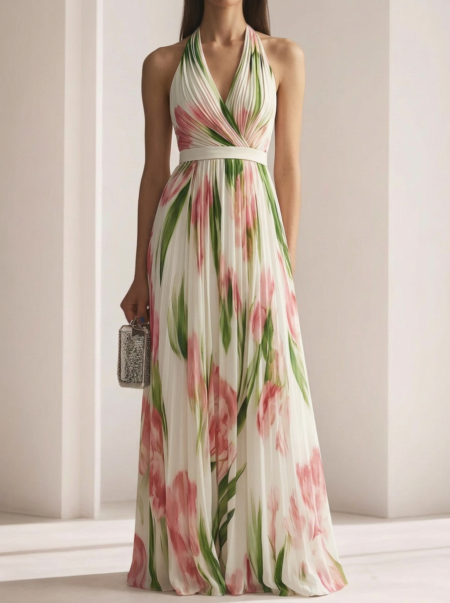 Resort Style V-neck Printed Suspender Maxi Dress