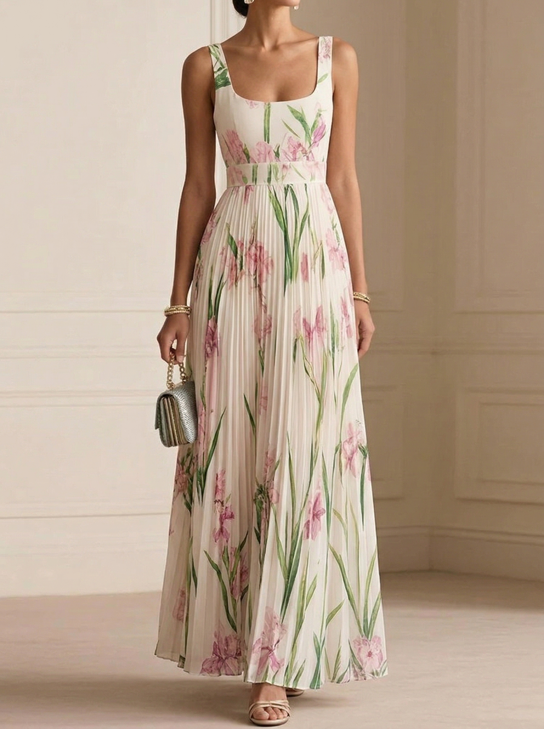 Pleated Slim Fit Floral Print Slip Dress
