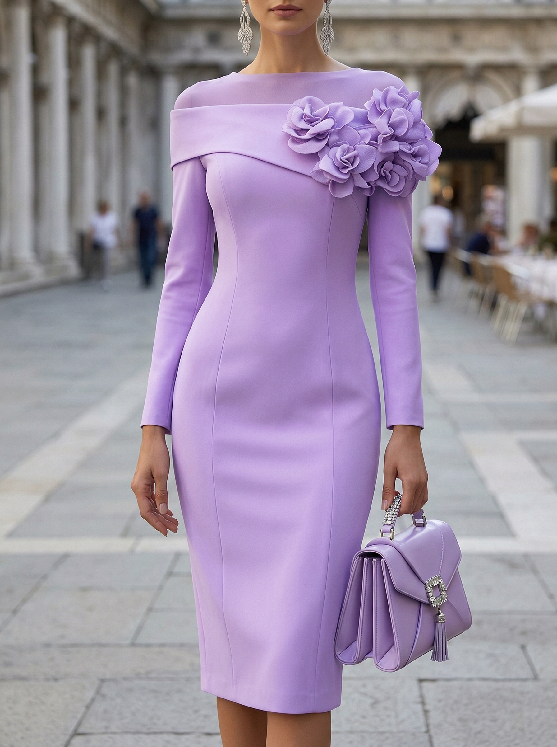 Elegant Round Neck Three Dimensional Flower Decorated Midi Dress