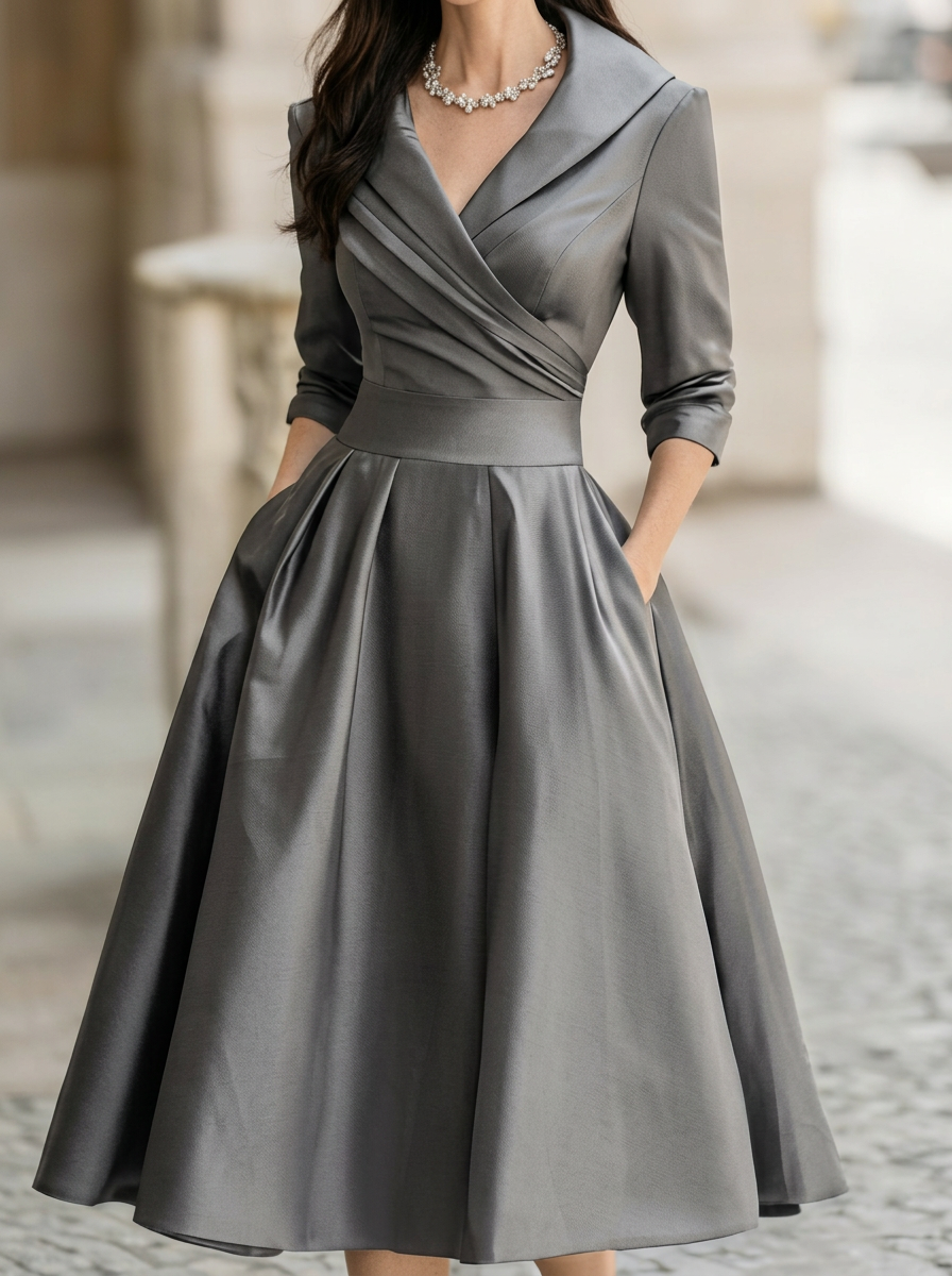 Vintage-inspired Satin Midi Dress With Draped Collar