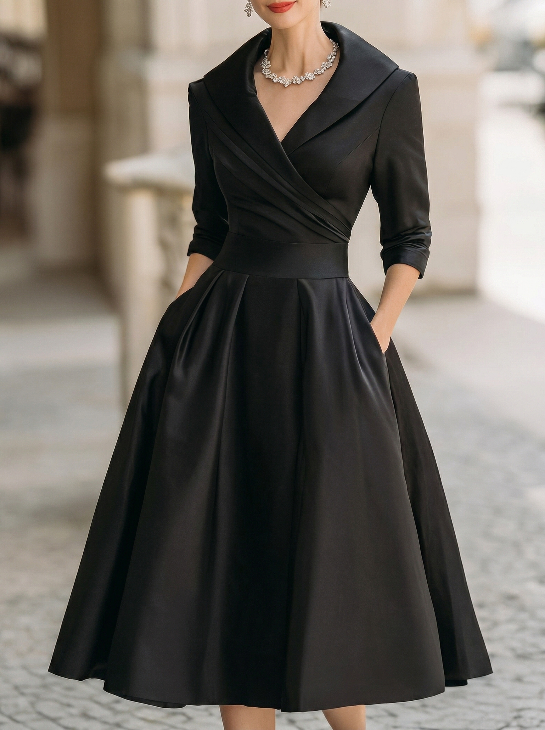 Vintage-inspired Satin Midi Dress With Draped Collar