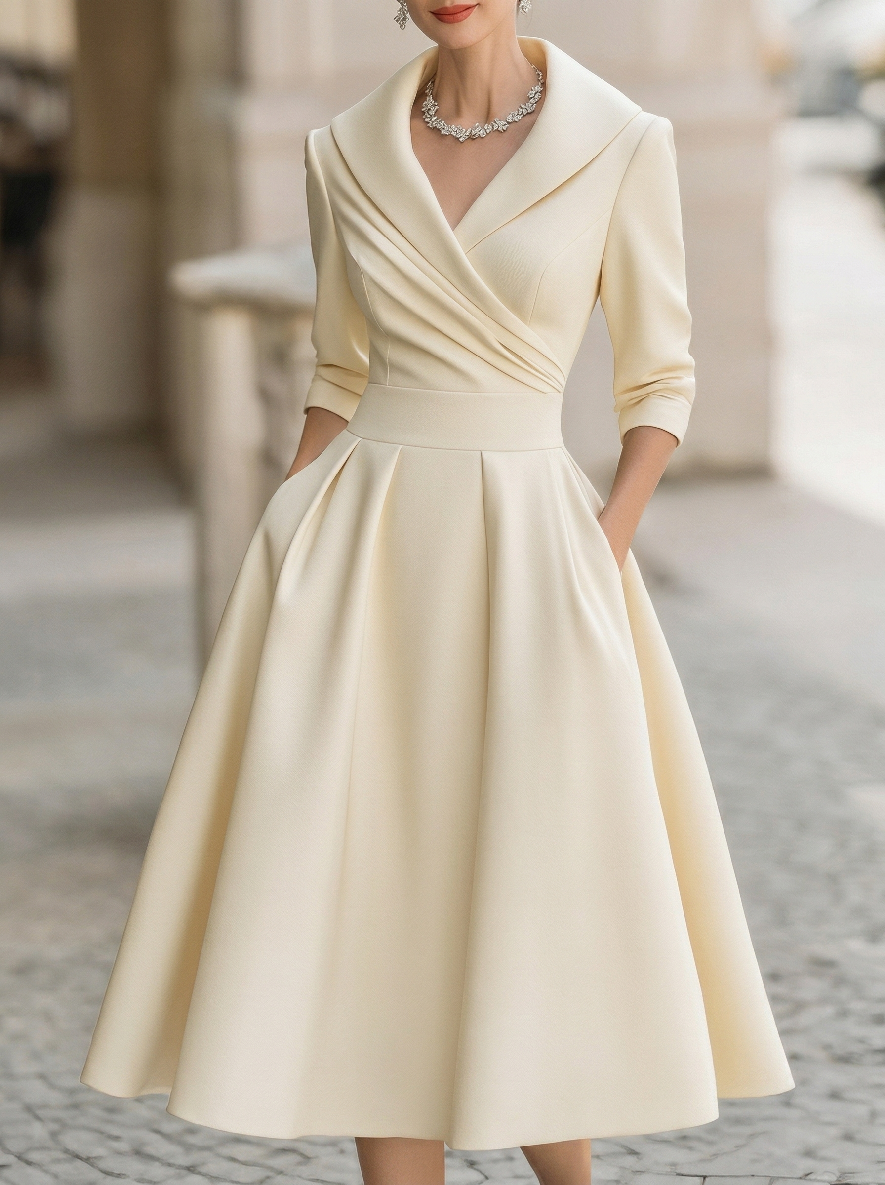 Vintage-inspired Satin Midi Dress With Draped Collar