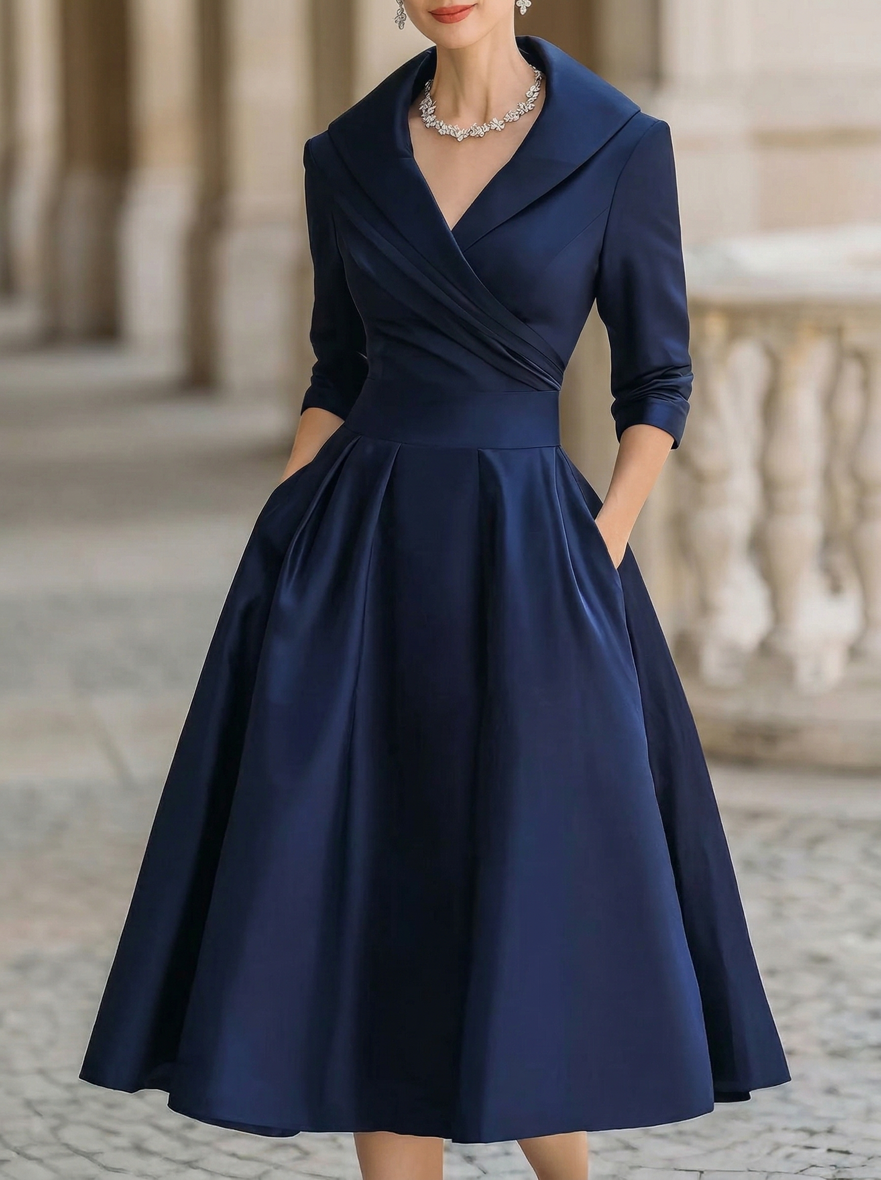 Vintage-inspired Satin Midi Dress With Draped Collar