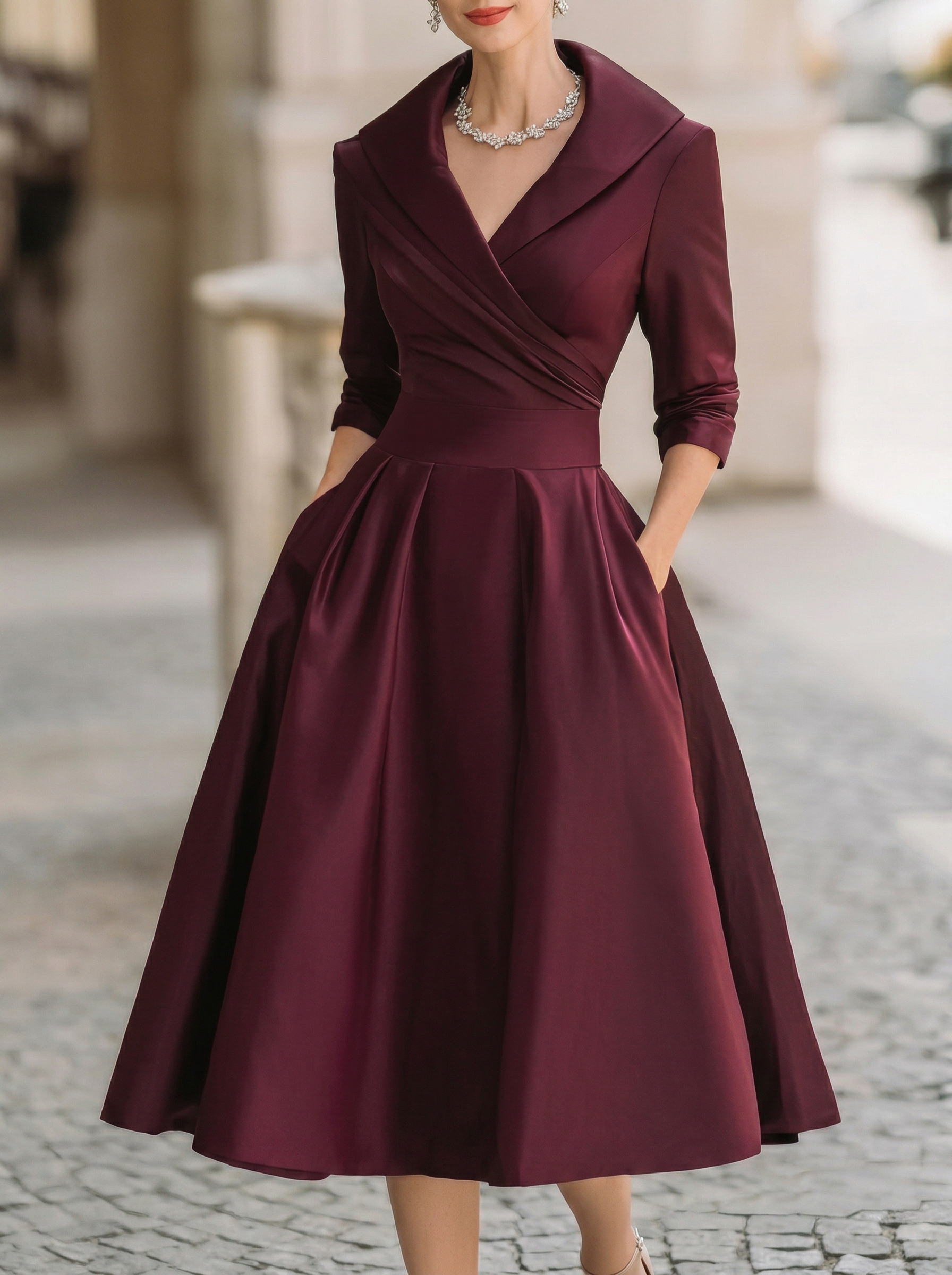 Vintage-inspired Satin Midi Dress With Draped Collar