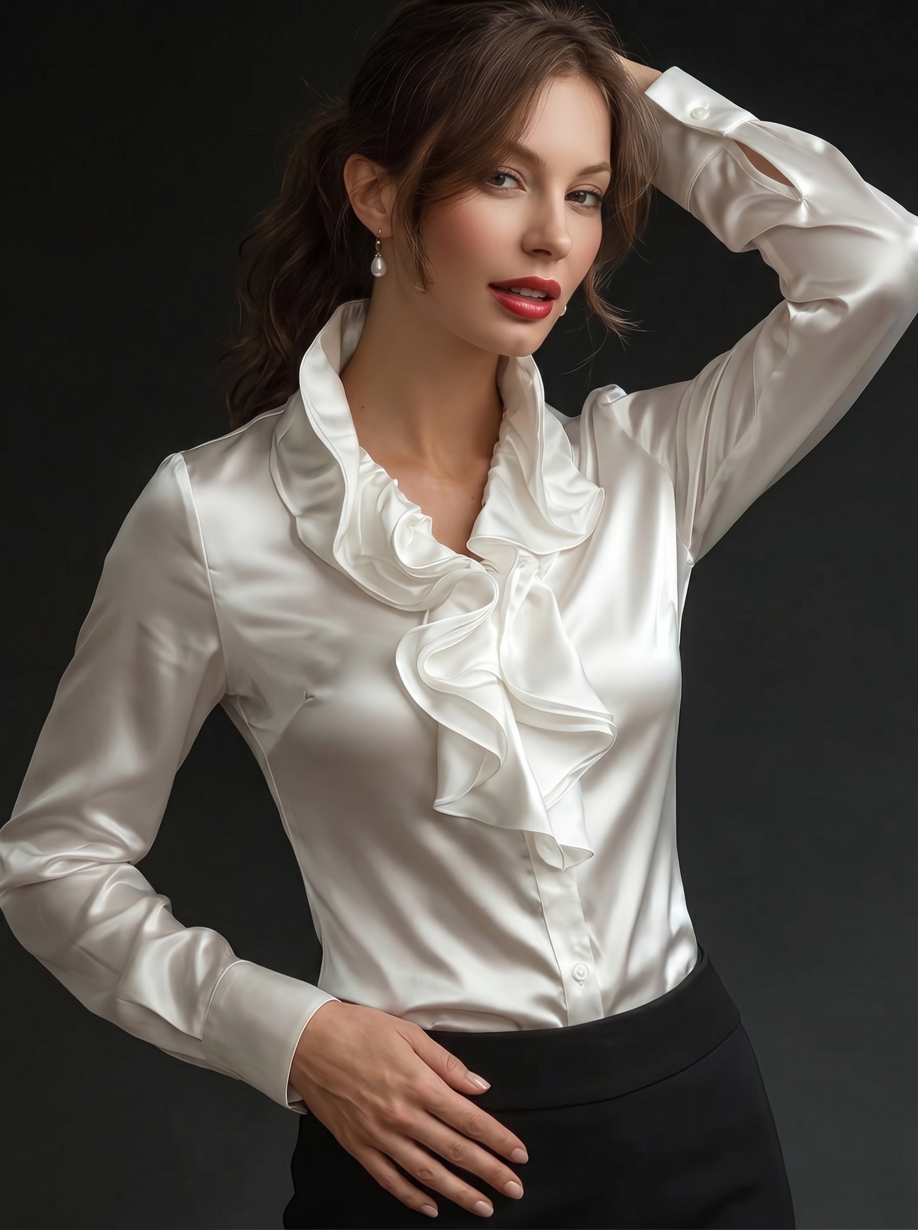 Elegant Ruffle Women's Satin Long Sleeve Blouse