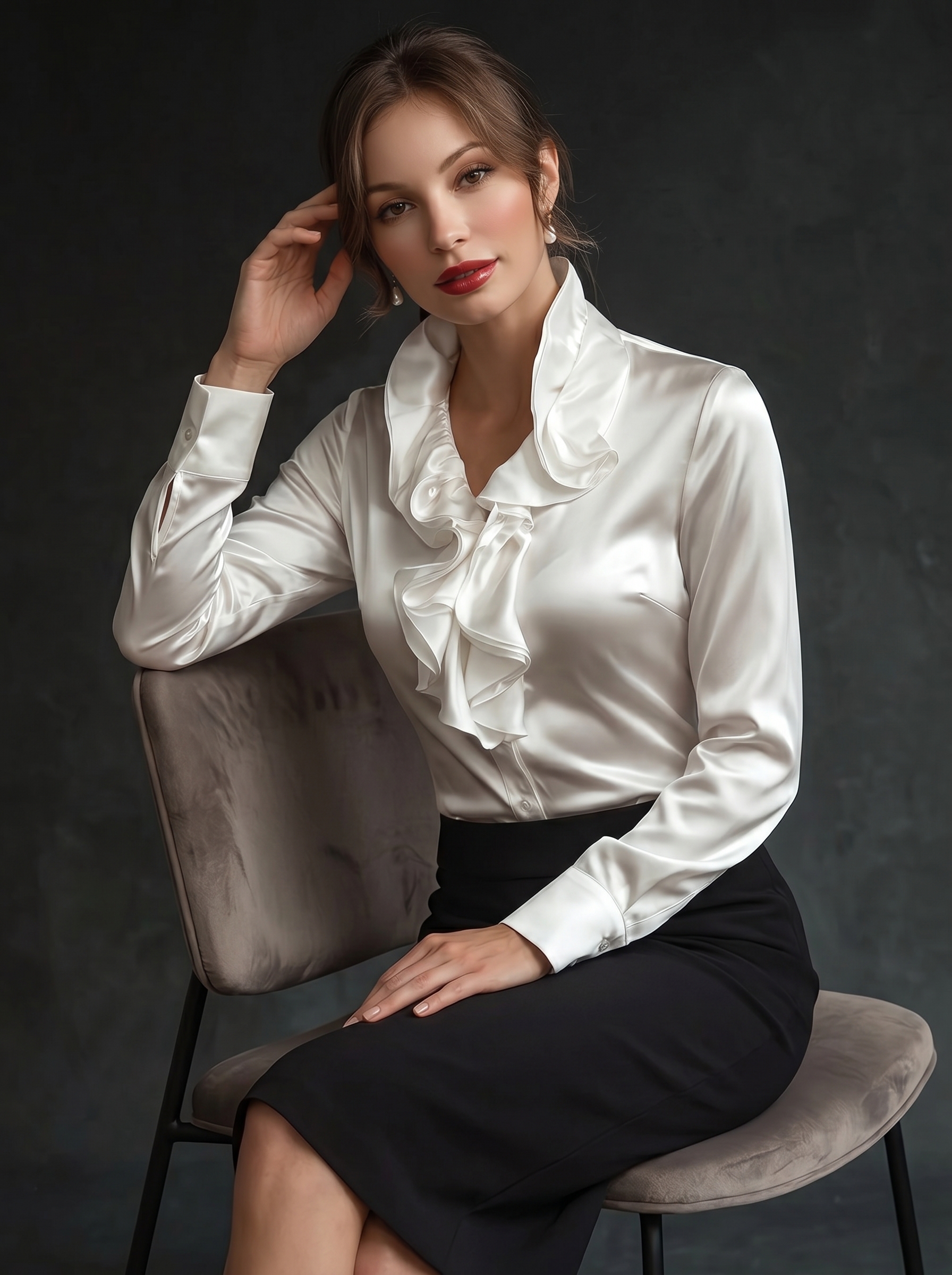 Elegant Ruffle Women's Satin Long Sleeve Blouse