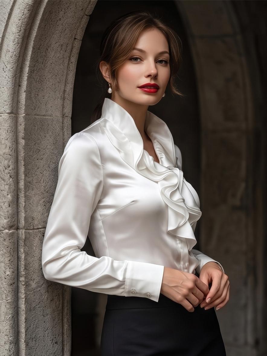 Elegant Ruffle Women's Satin Long Sleeve Blouse