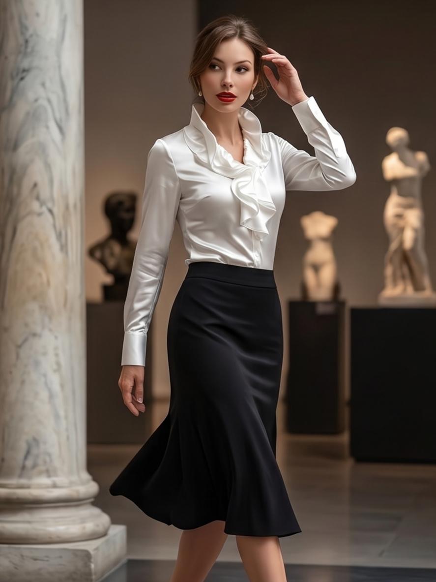 Elegant Ruffle Women's Satin Long Sleeve Blouse