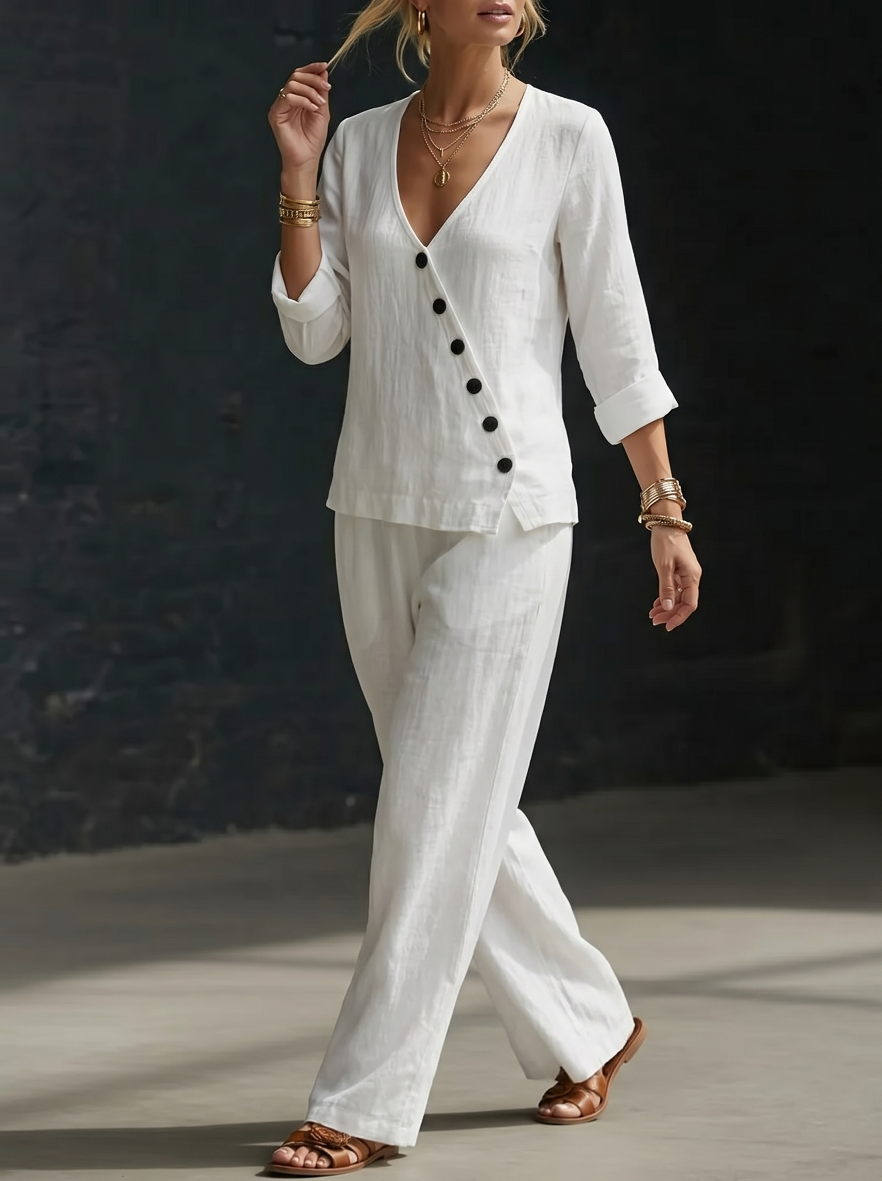 Minimalist Loose V-neck Slant-button Shirt And Wide-leg Pants Two-piece Set