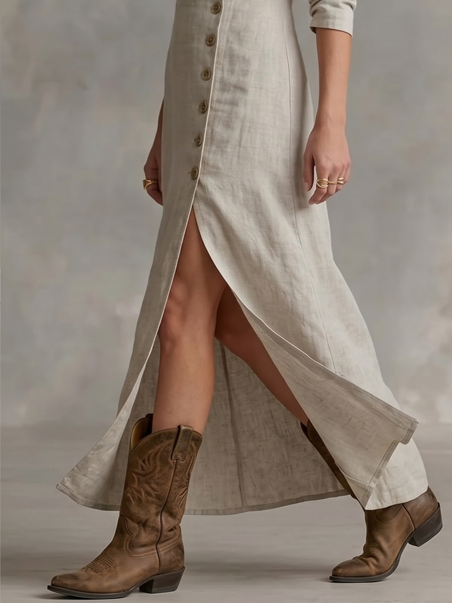 Casual Linen Long-sleeved Button Placket Dress