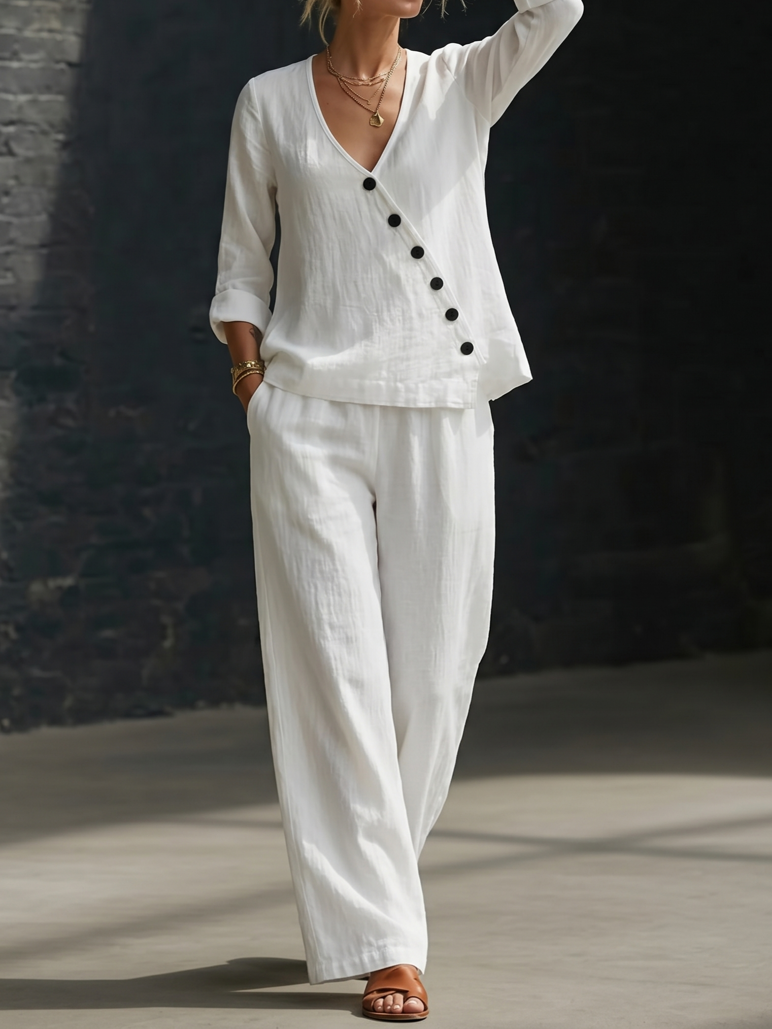 Minimalist Loose V-neck Slant-button Shirt And Wide-leg Pants Two-piece Set