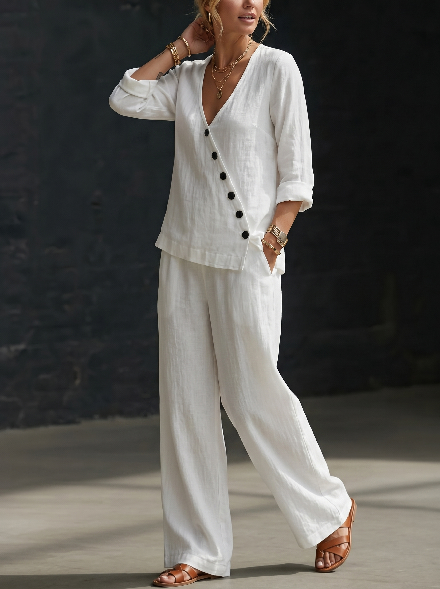 Minimalist Loose V-neck Slant-button Shirt And Wide-leg Pants Two-piece Set
