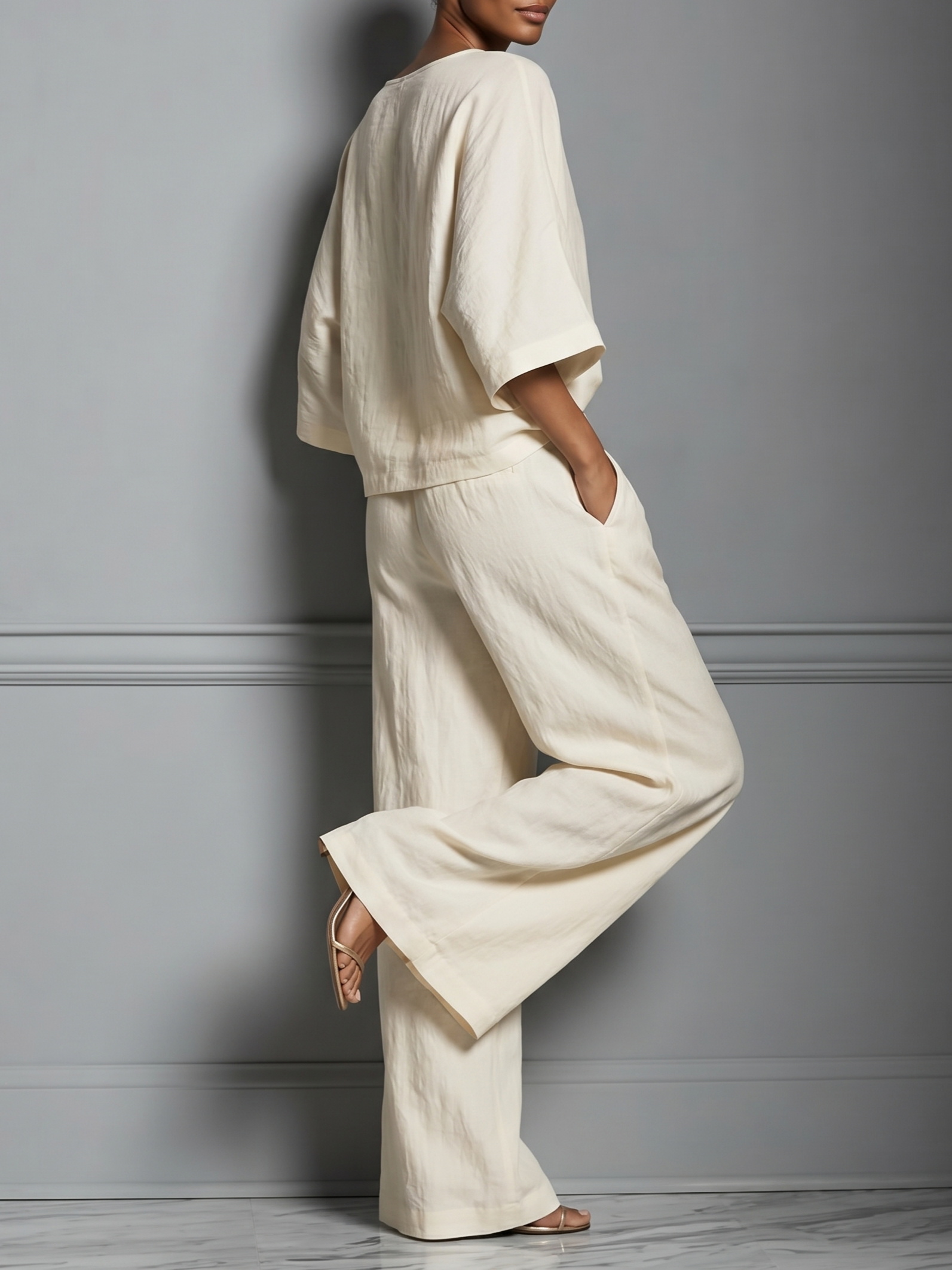 Elegant Bell Sleeved Linen Two-piece Set
