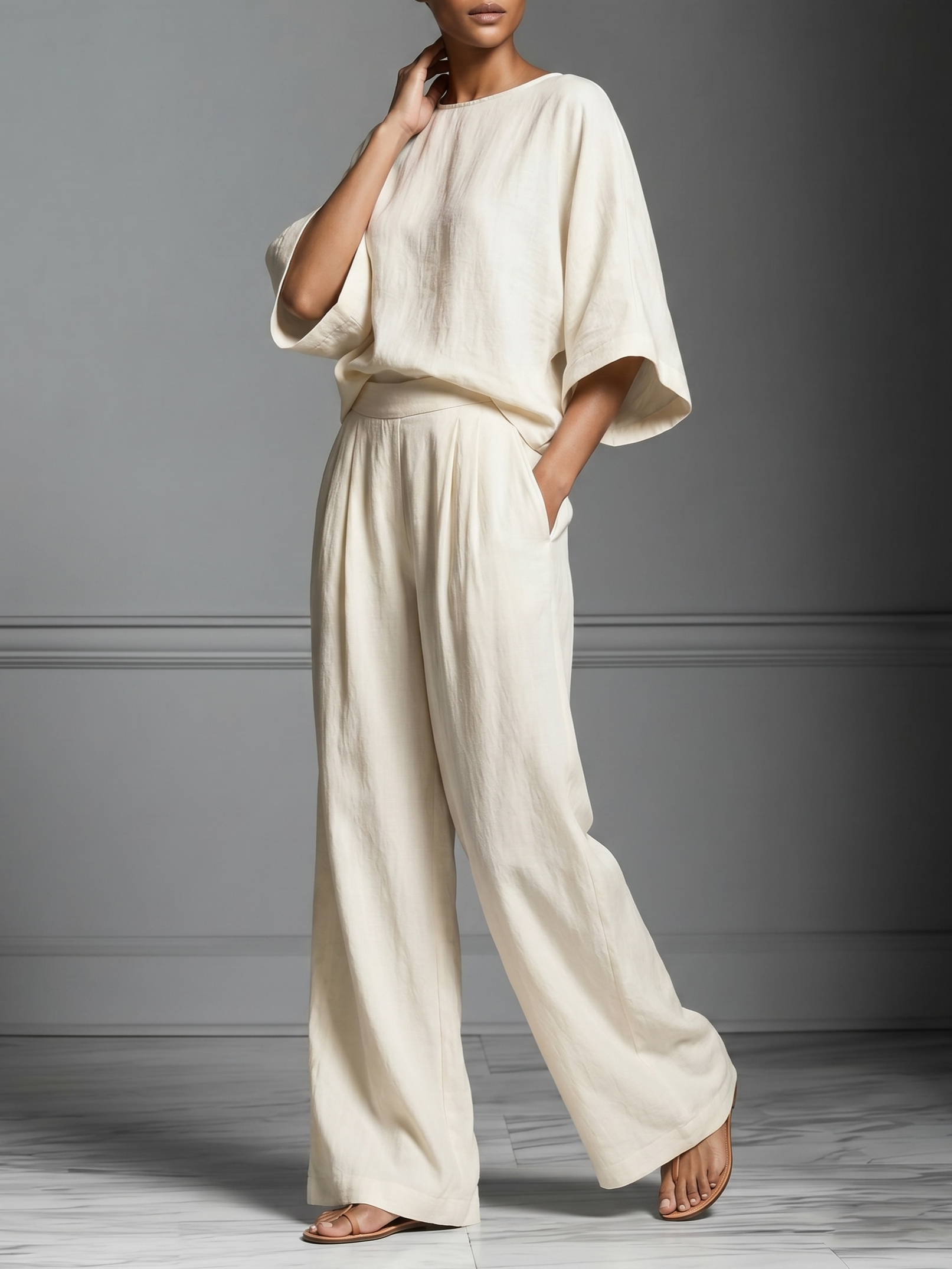 Elegant Bell Sleeved Linen Two-piece Set