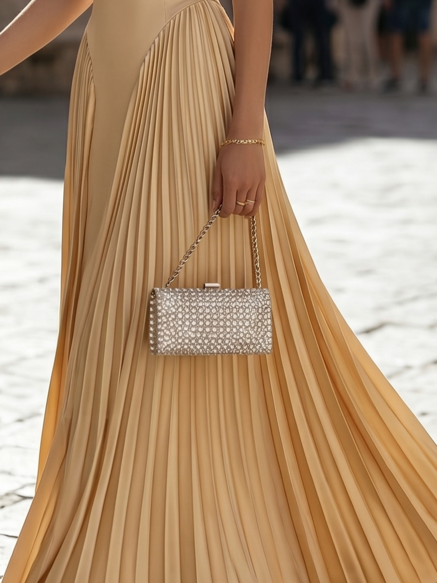 Classy Champagne Gold Pleated Satin Maxi Dress