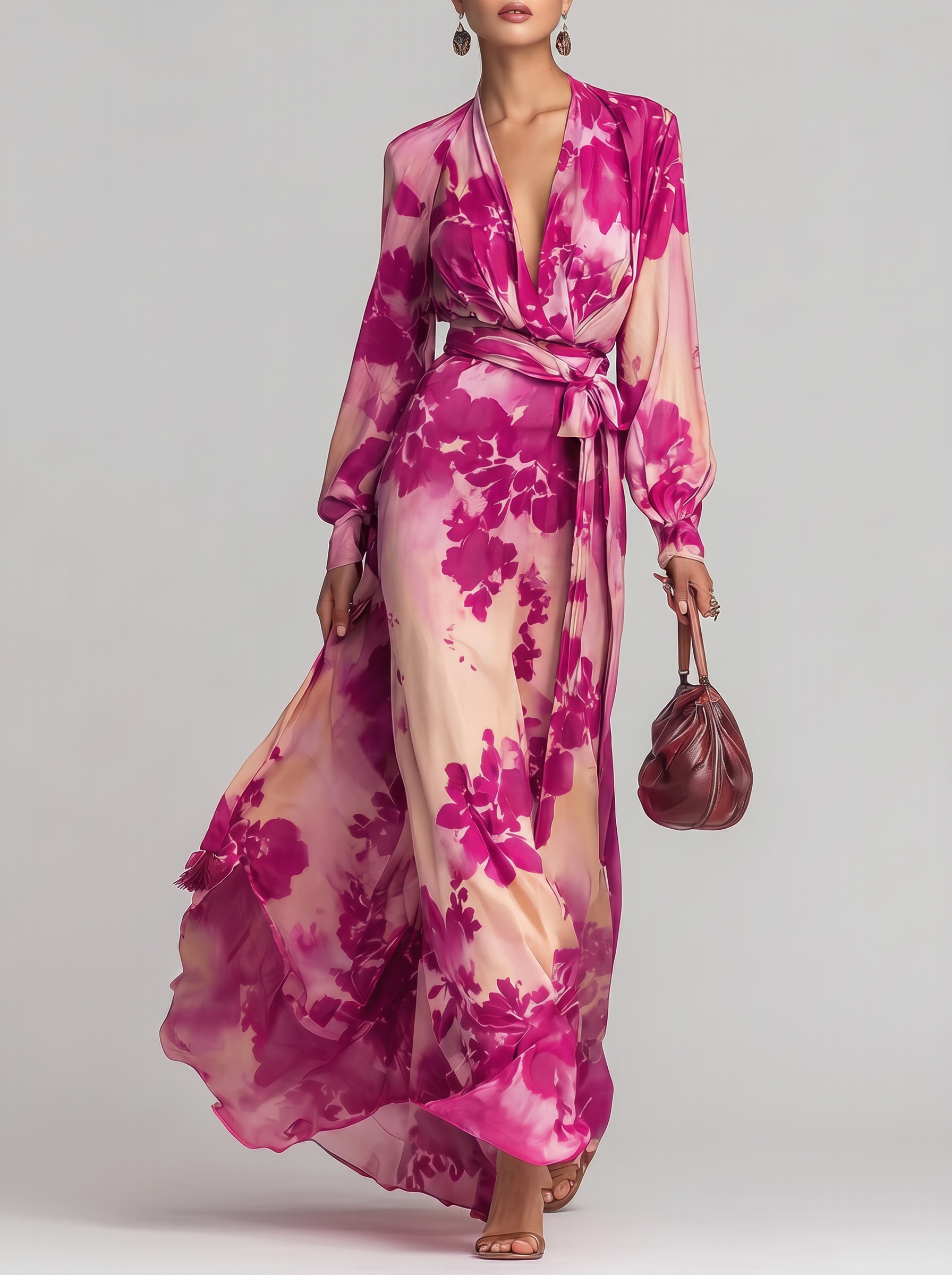 Elegant Printed Chiffon Long-sleeved V-neck Tie Dress