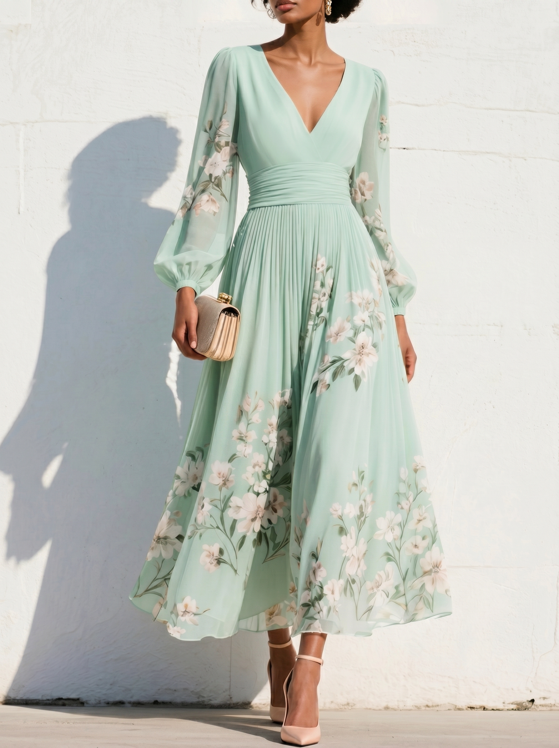 Elegant Floral Print Long-sleeved V-neck Pleated Dress