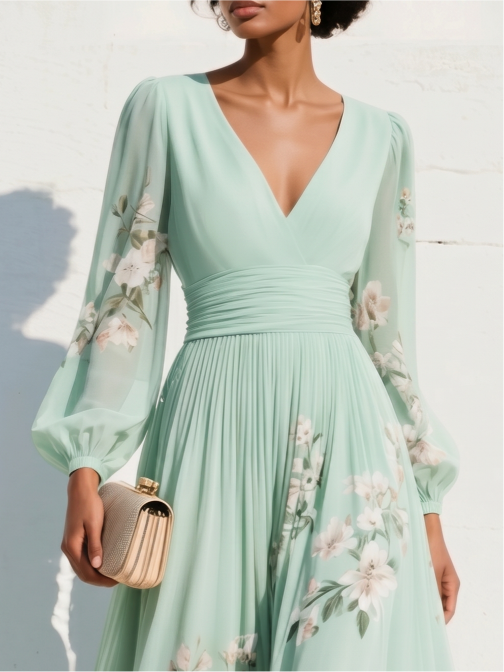 Elegant Floral Print Long-sleeved V-neck Pleated Dress