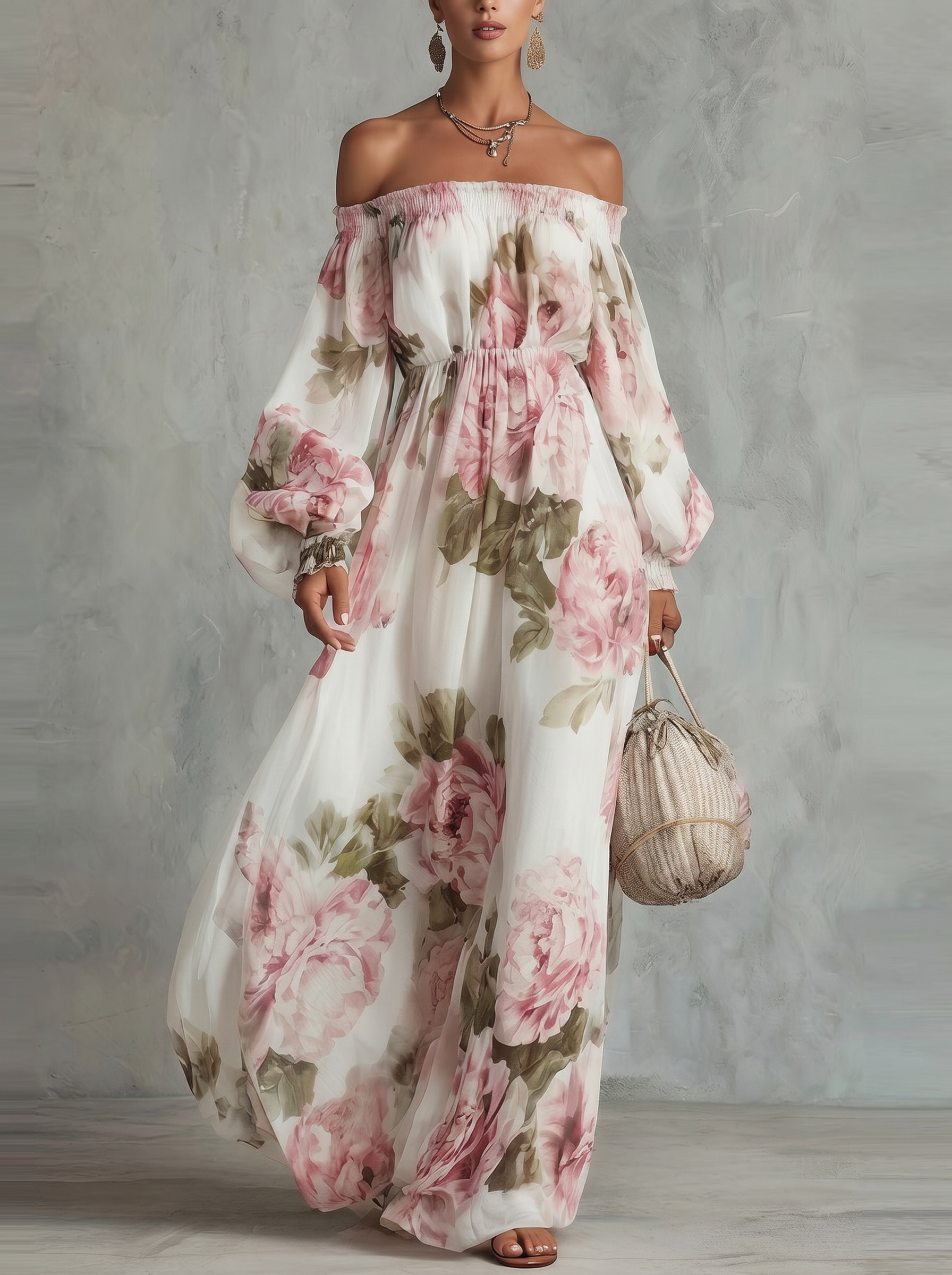 Fashion Printed One-shoulder Lantern Sleeve Elegant Dress