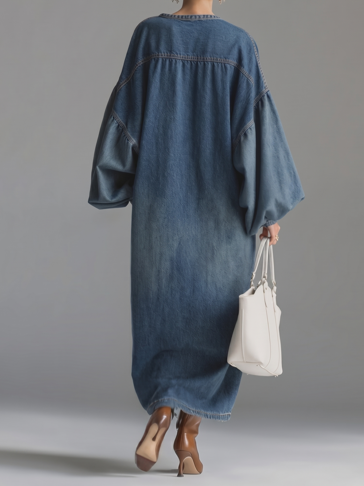Retro Distressed Stand Collar Mid-length Denim Dress