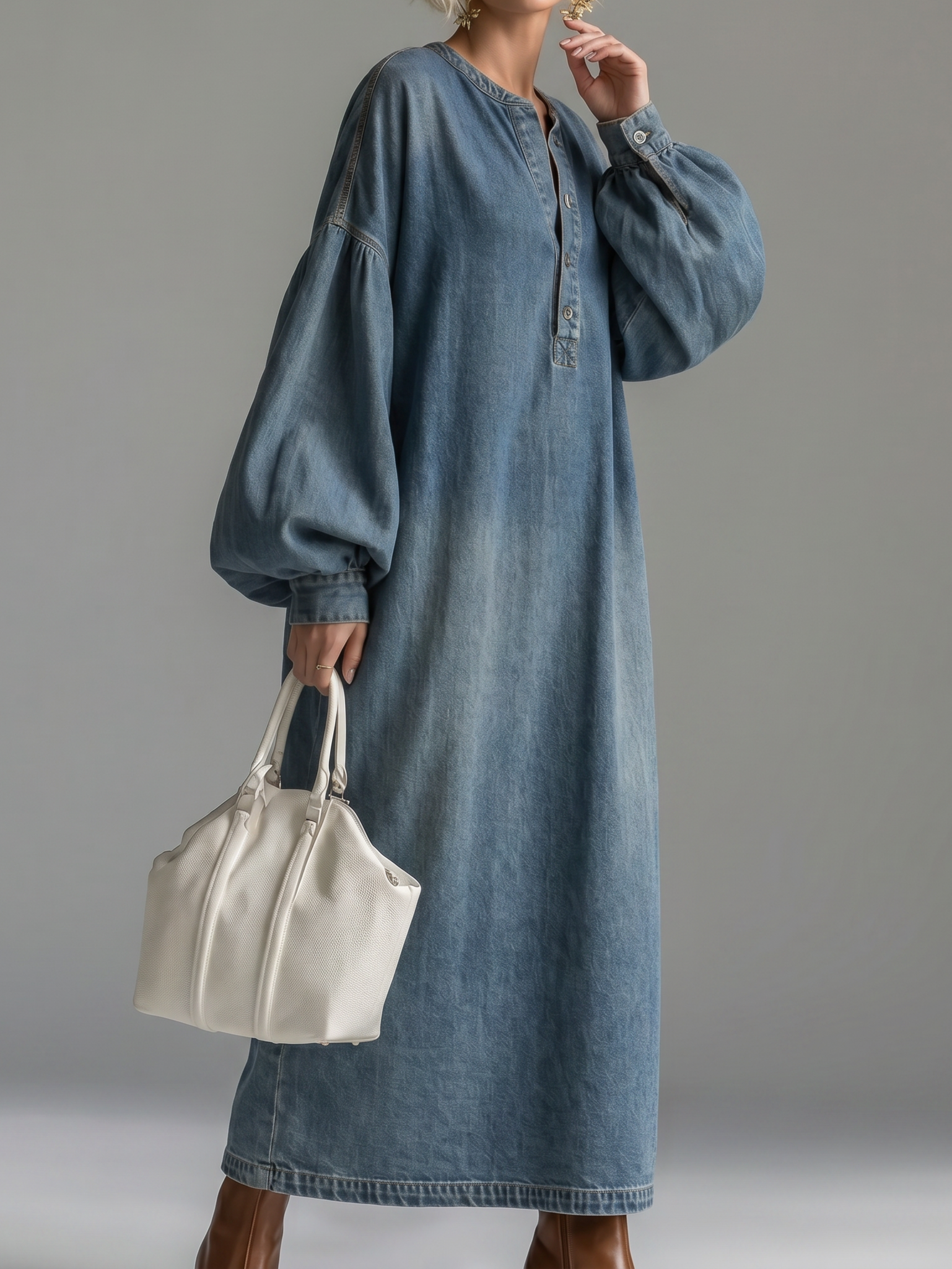 Retro Distressed Stand Collar Mid-length Denim Dress