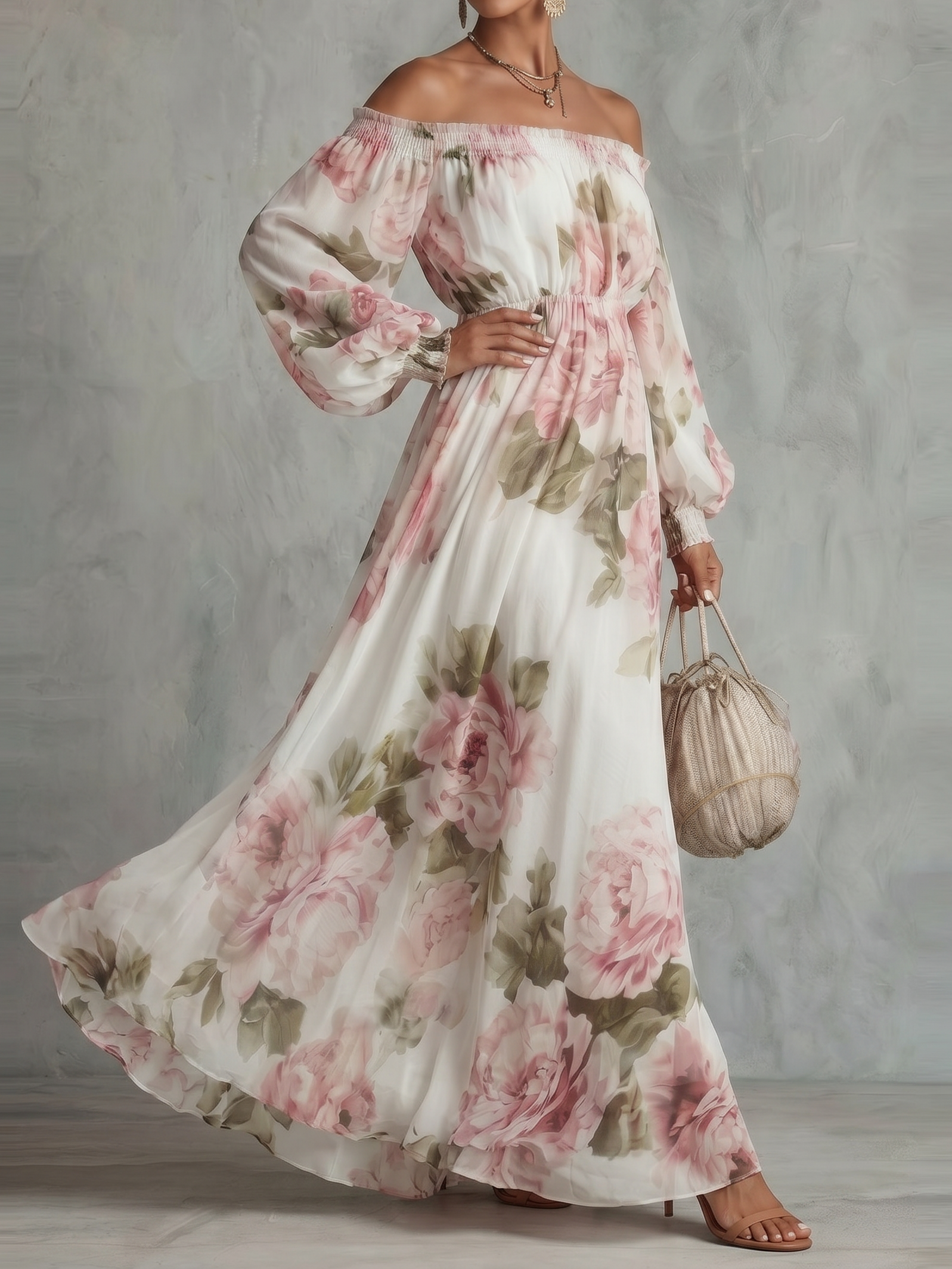 Fashion Printed One-shoulder Lantern Sleeve Elegant Dress