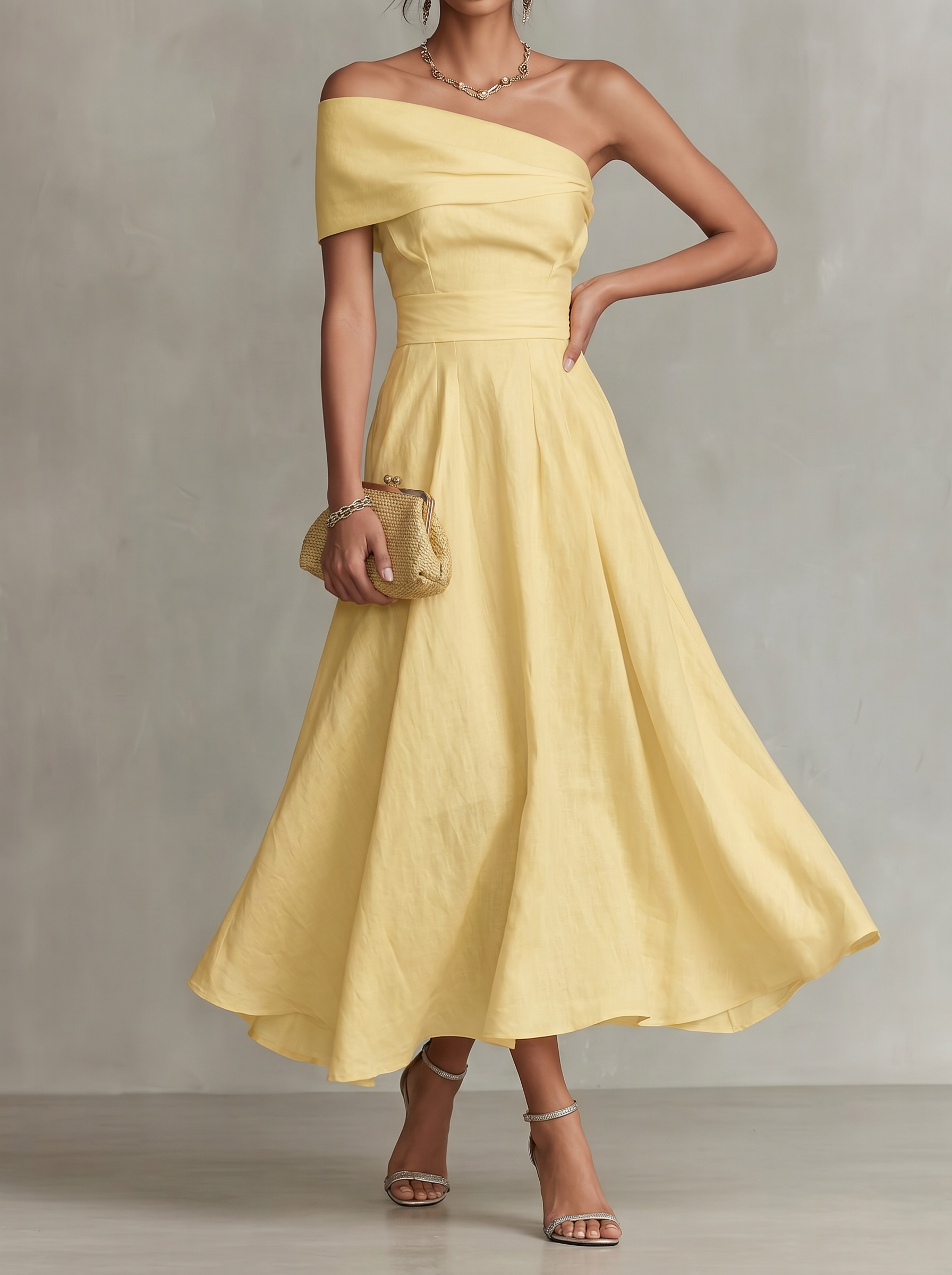 Women's Solid Color Waist Sloping Neck Backless Elegant Dress