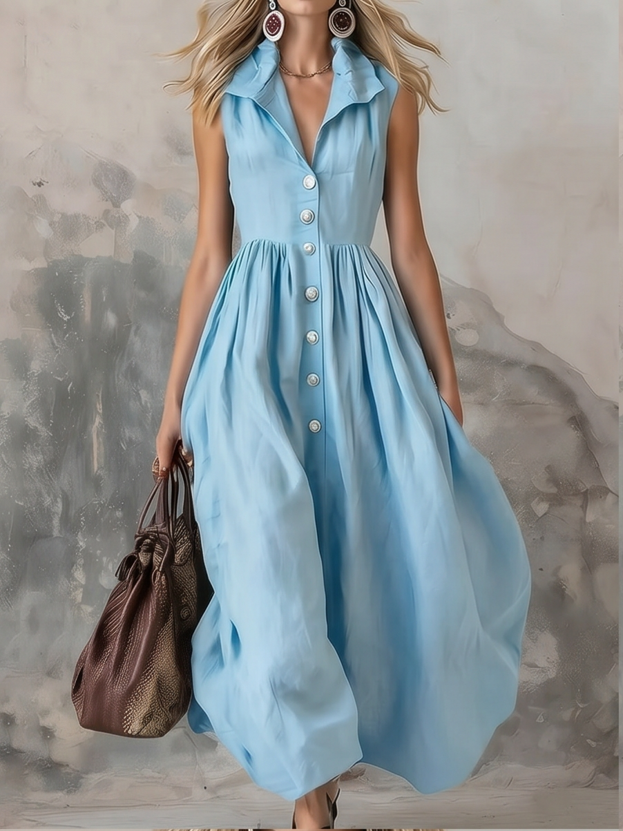 Stylish Solid Color Lapel Slim Maxi Dress