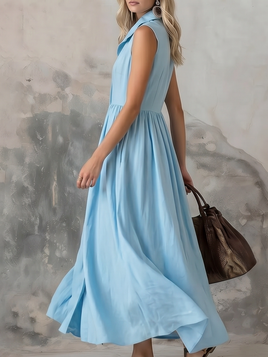 Stylish Solid Color Lapel Slim Maxi Dress