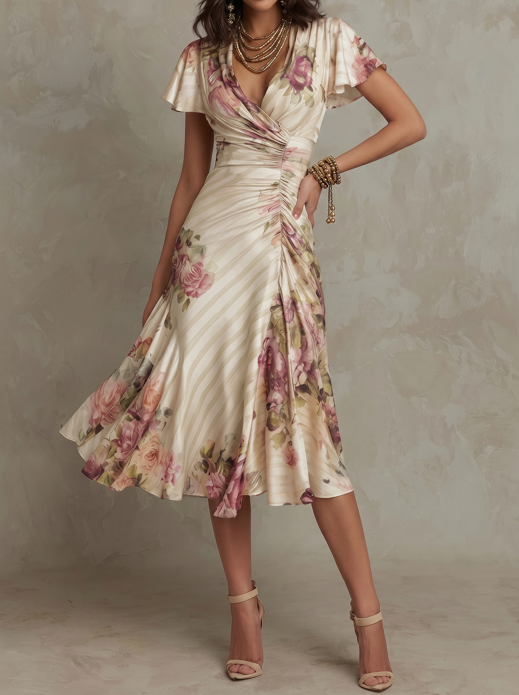 French Print Pleated Floral Elegant Dress